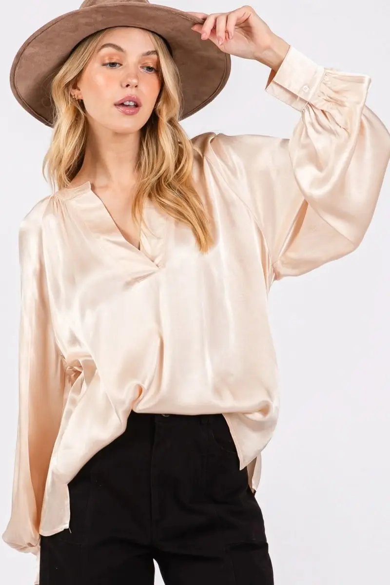 SAGE + FIG Notched Long Sleeve Blouse - Love Salve 