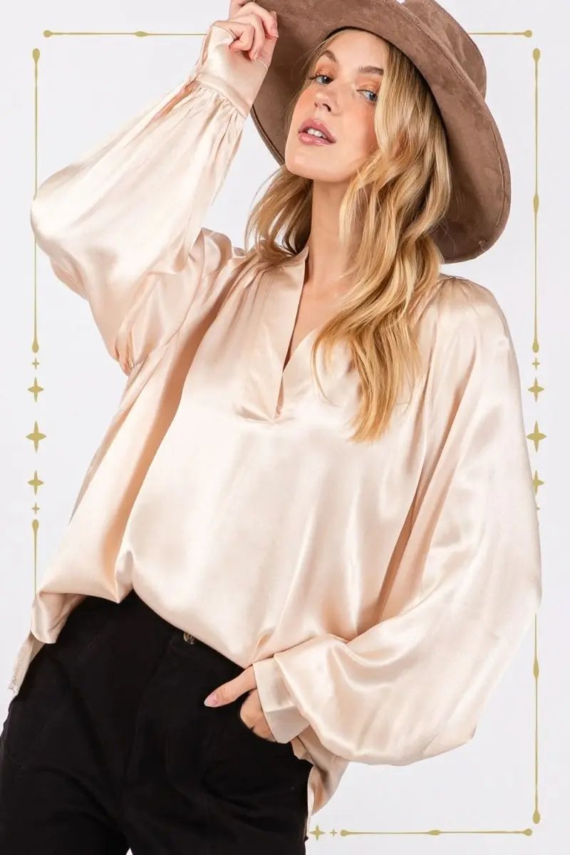 SAGE + FIG Notched Long Sleeve Blouse - Love Salve 