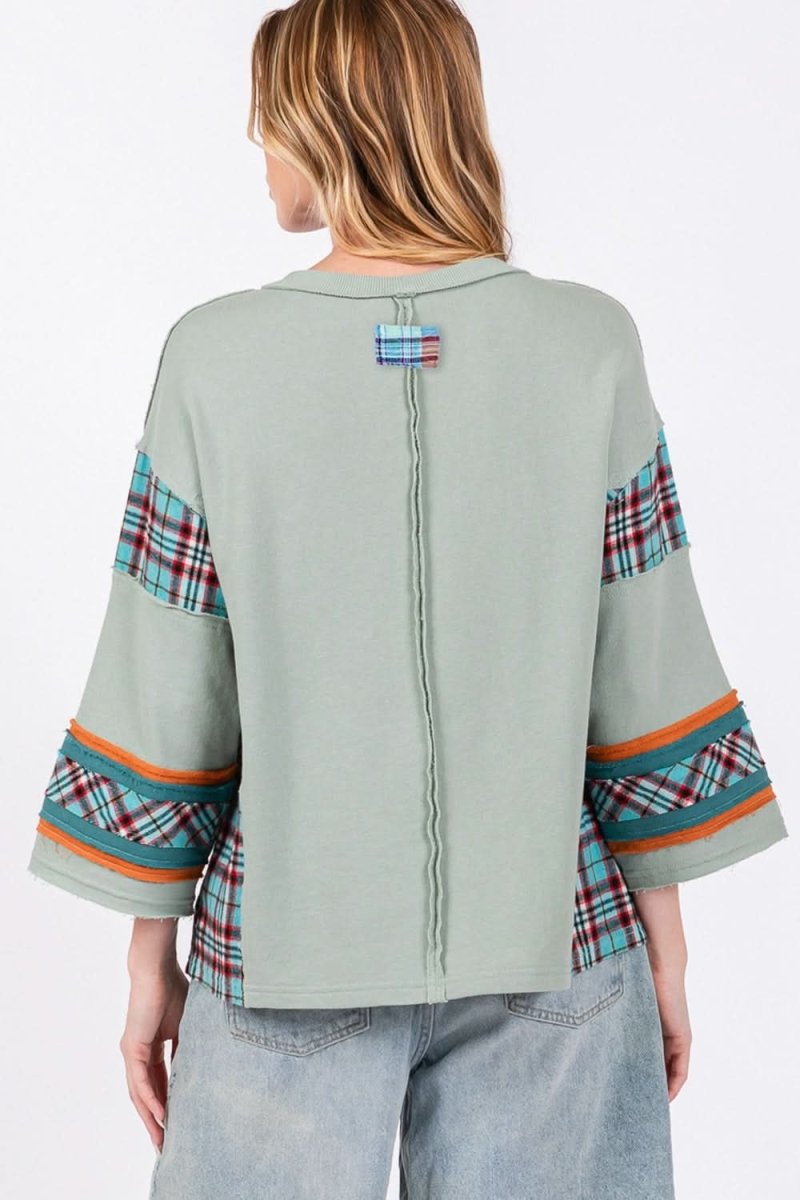SAGE + FIG Peace Applique Patch Contrast Plaid Top - Love Salve 