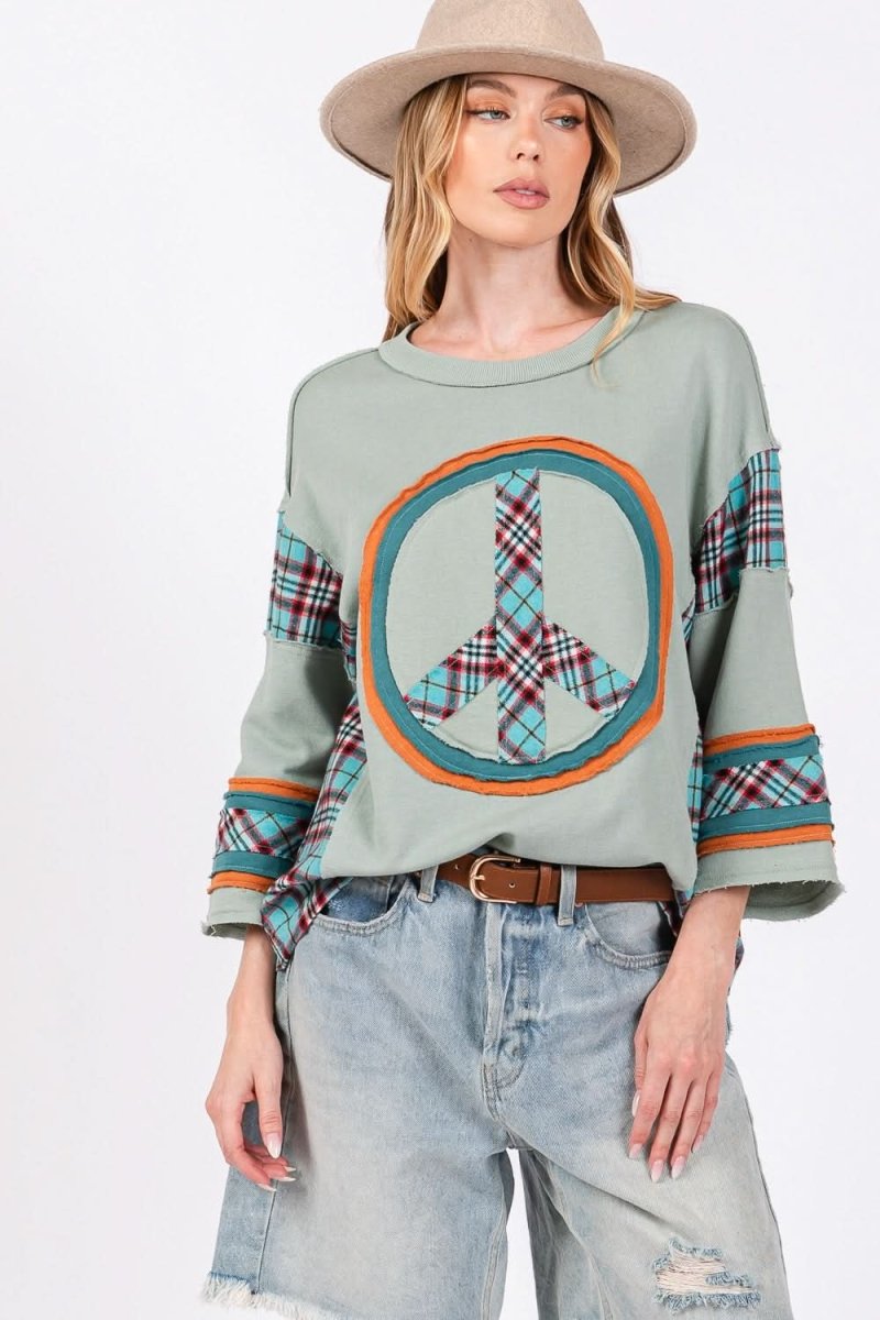 SAGE + FIG Peace Applique Patch Contrast Plaid Top - Love Salve 