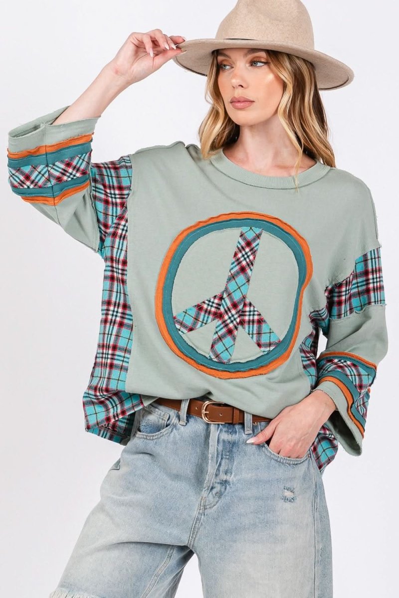 SAGE + FIG Peace Applique Patch Contrast Plaid Top - Love Salve 