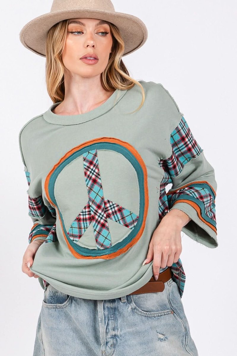 SAGE + FIG Peace Applique Patch Contrast Plaid Top - Love Salve 