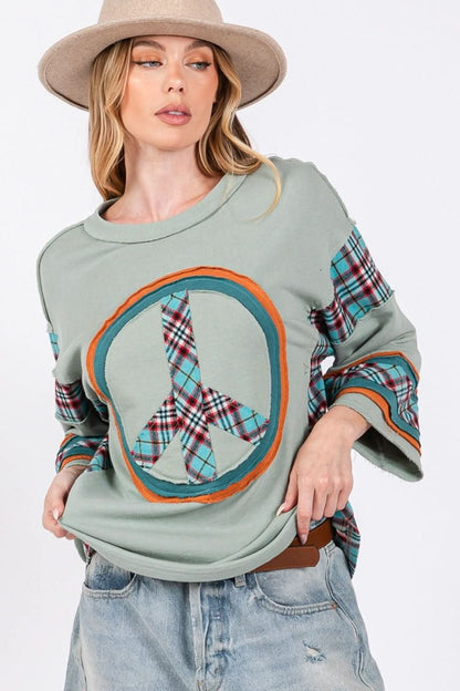 SAGE + FIG Peace Applique Patch Contrast Plaid Top - Love Salve 