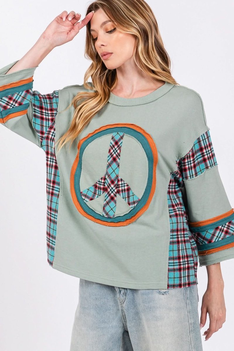 SAGE + FIG Peace Applique Patch Contrast Plaid Top - Love Salve 
