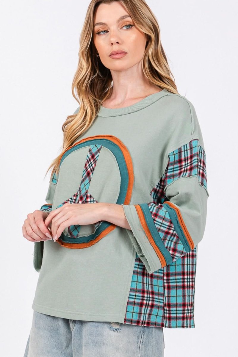 SAGE + FIG Peace Applique Patch Contrast Plaid Top - Love Salve 