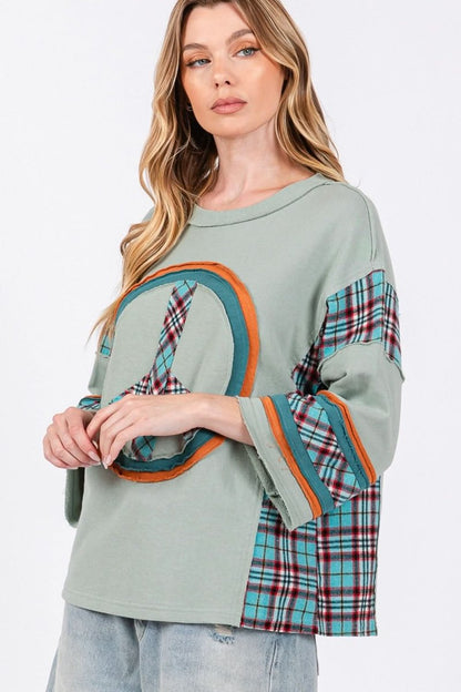 SAGE + FIG Peace Applique Patch Contrast Plaid Top - Love Salve 