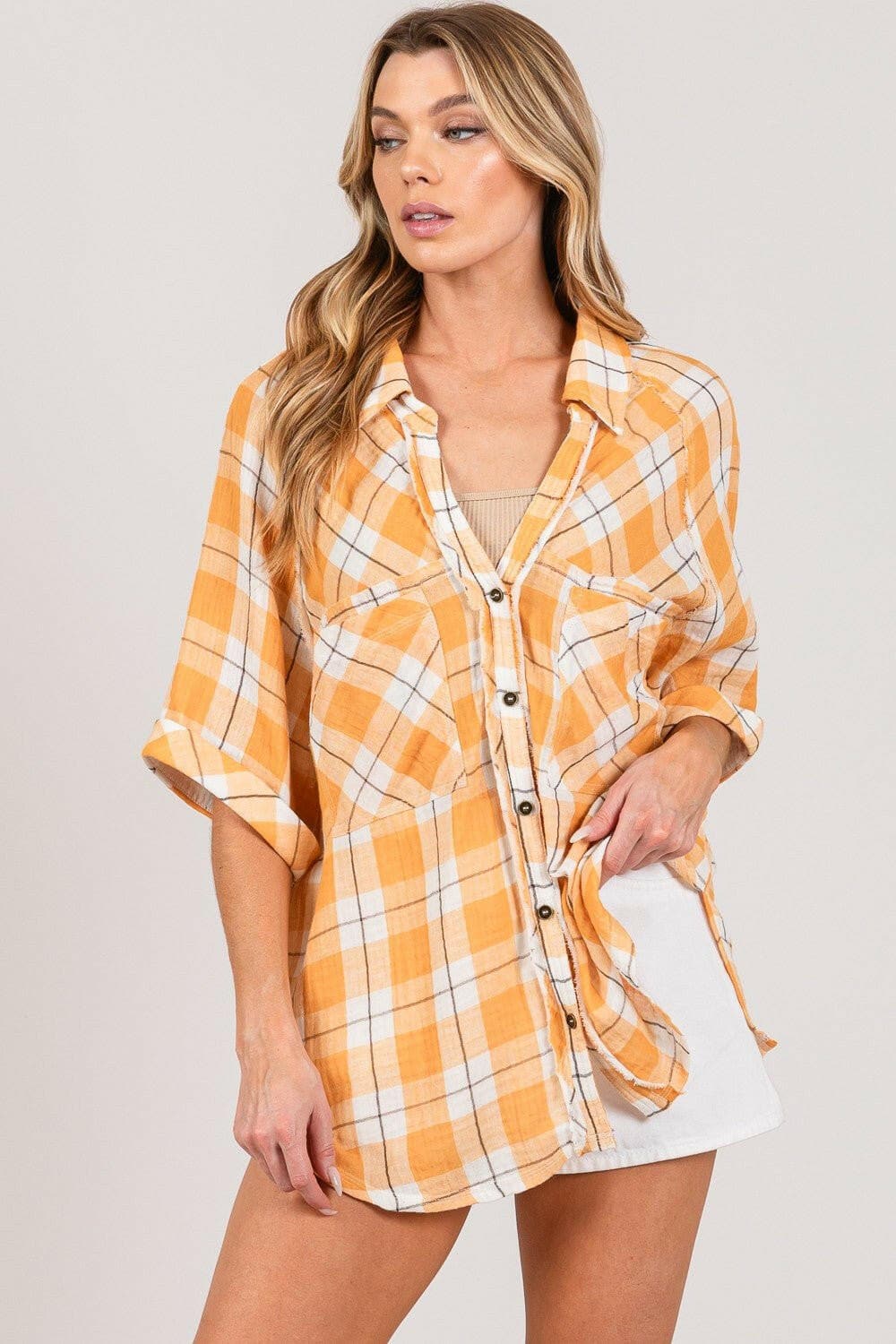 SAGE + FIG Plaid Button Up Side Slit Shirt - Love Salve