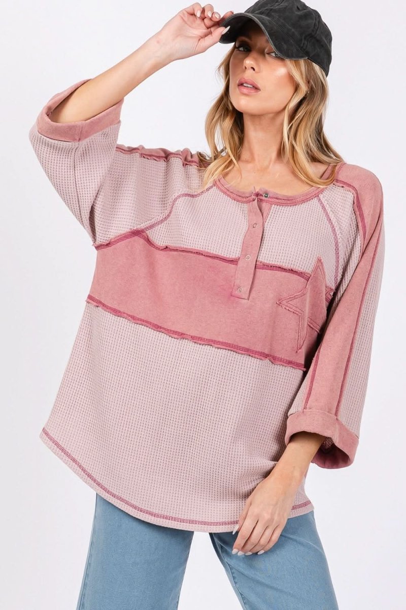 SAGE + FIG Star Applique Patch Exposed Seam Waffle Knit Top - Love Salve 