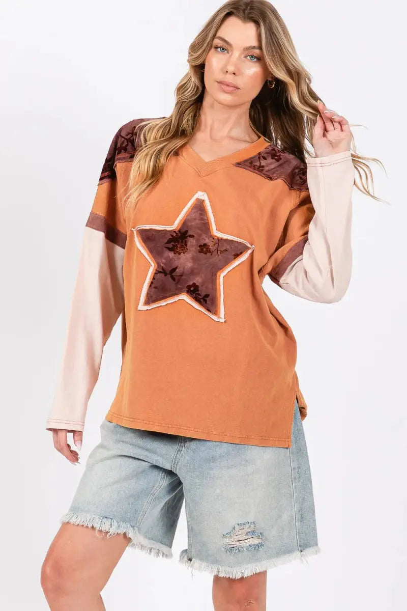 SAGE + FIG Star Patch Long Sleeve Color Block T-Shirt for Women - Love Salve 