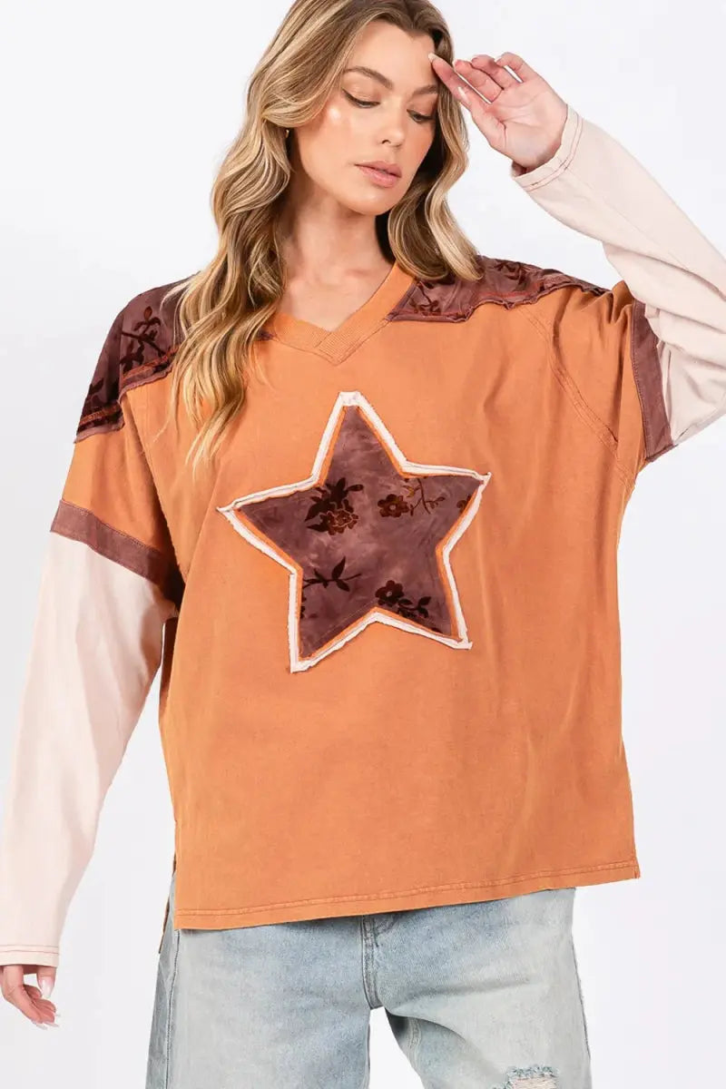 SAGE + FIG Star Patch Long Sleeve Color Block T-Shirt for Women - Love Salve 