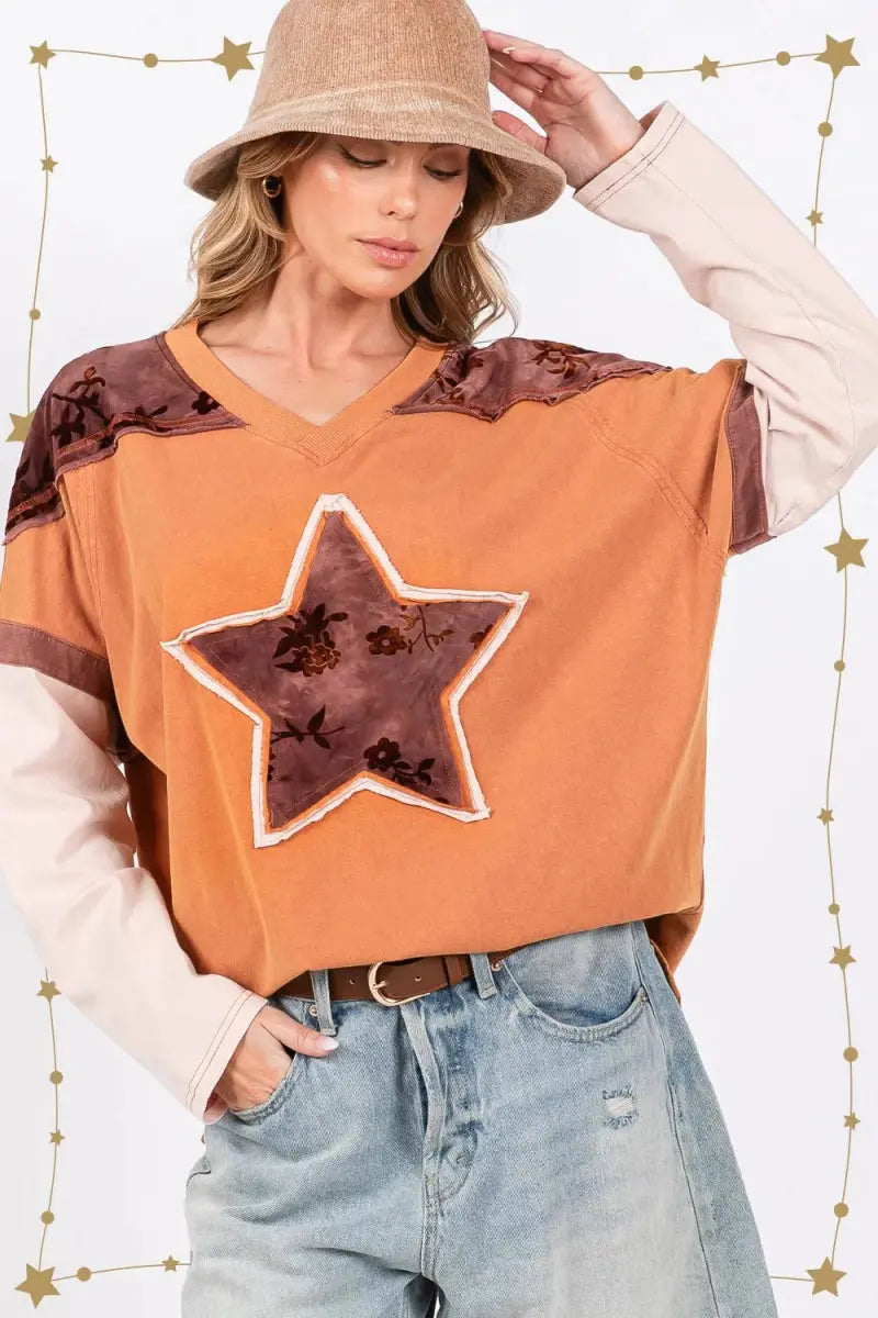 SAGE + FIG Star Patch Long Sleeve Color Block T-Shirt for Women - Love Salve 