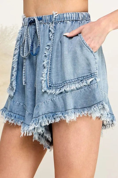 SAGE+FIG Frayed Drawstring Denim Shorts for Summer Style - Love Salve 