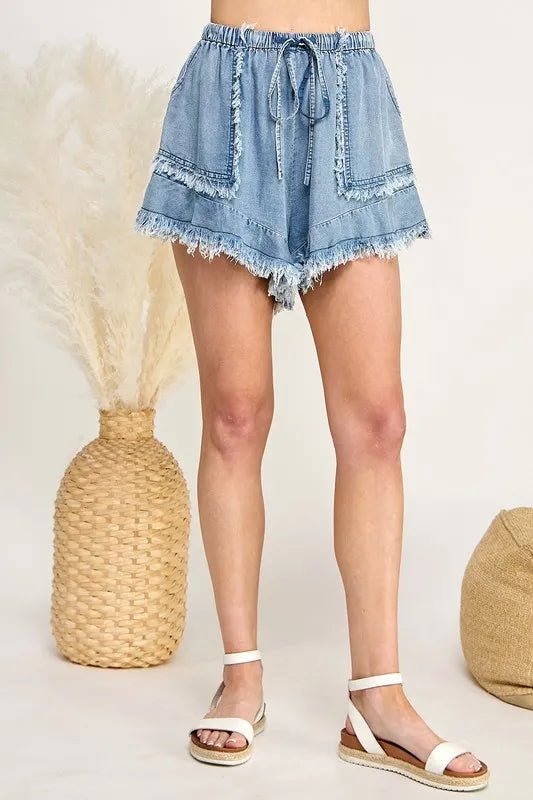 SAGE+FIG Frayed Drawstring Denim Shorts for Summer Style - Love Salve 