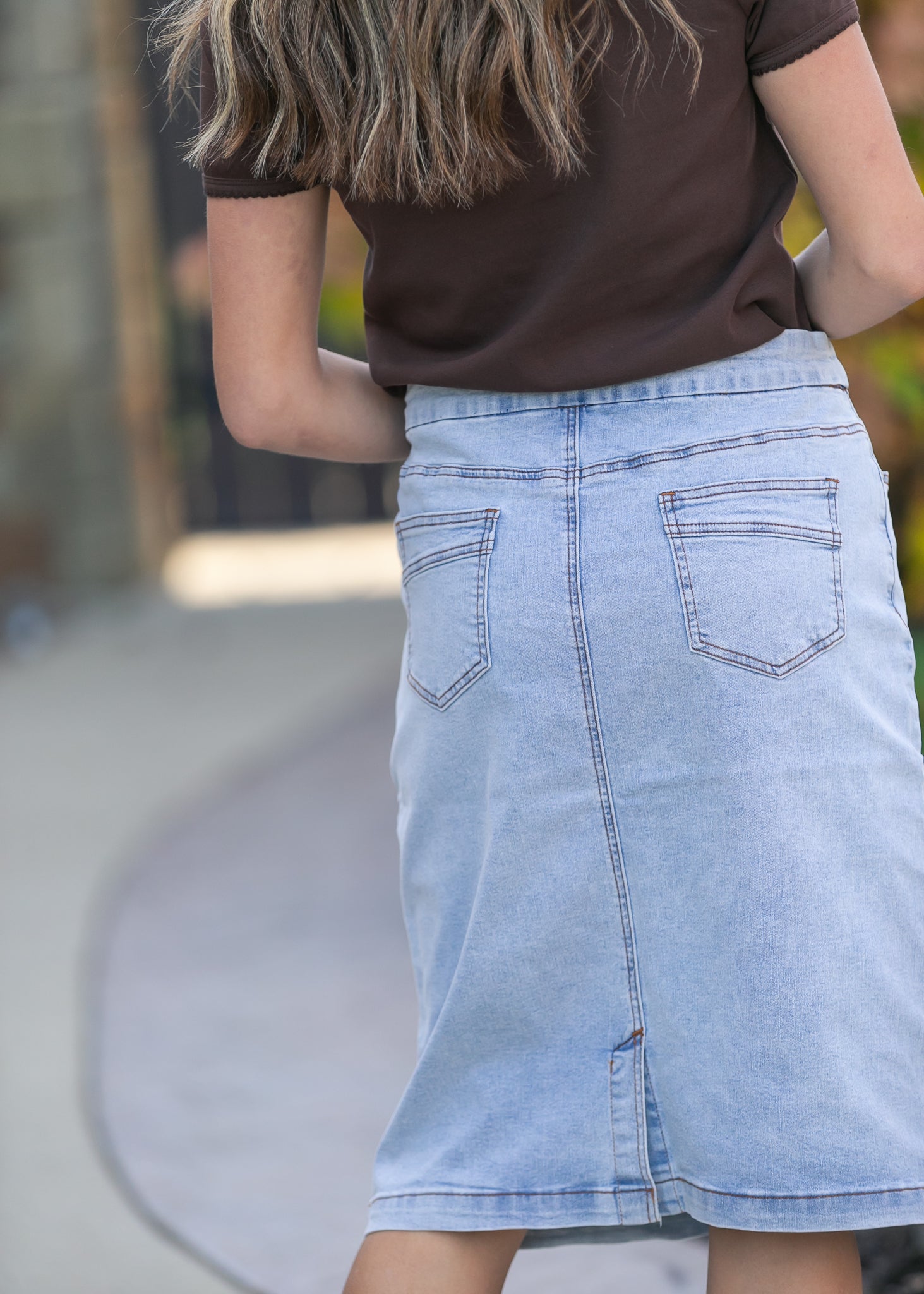 Sandra Light Wash Denim Midi Skirt Inherit Co.