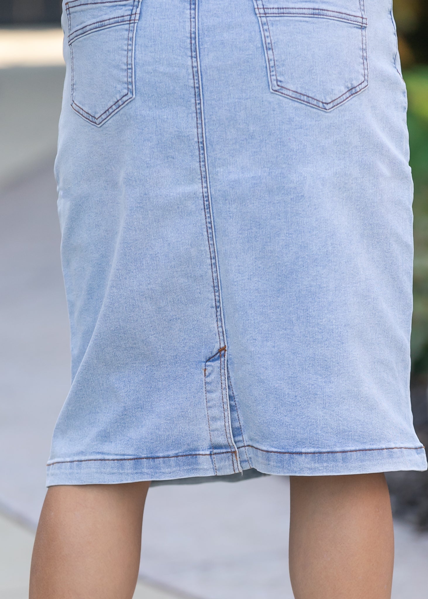 Sandra Light Wash Denim Midi Skirt Inherit Co.