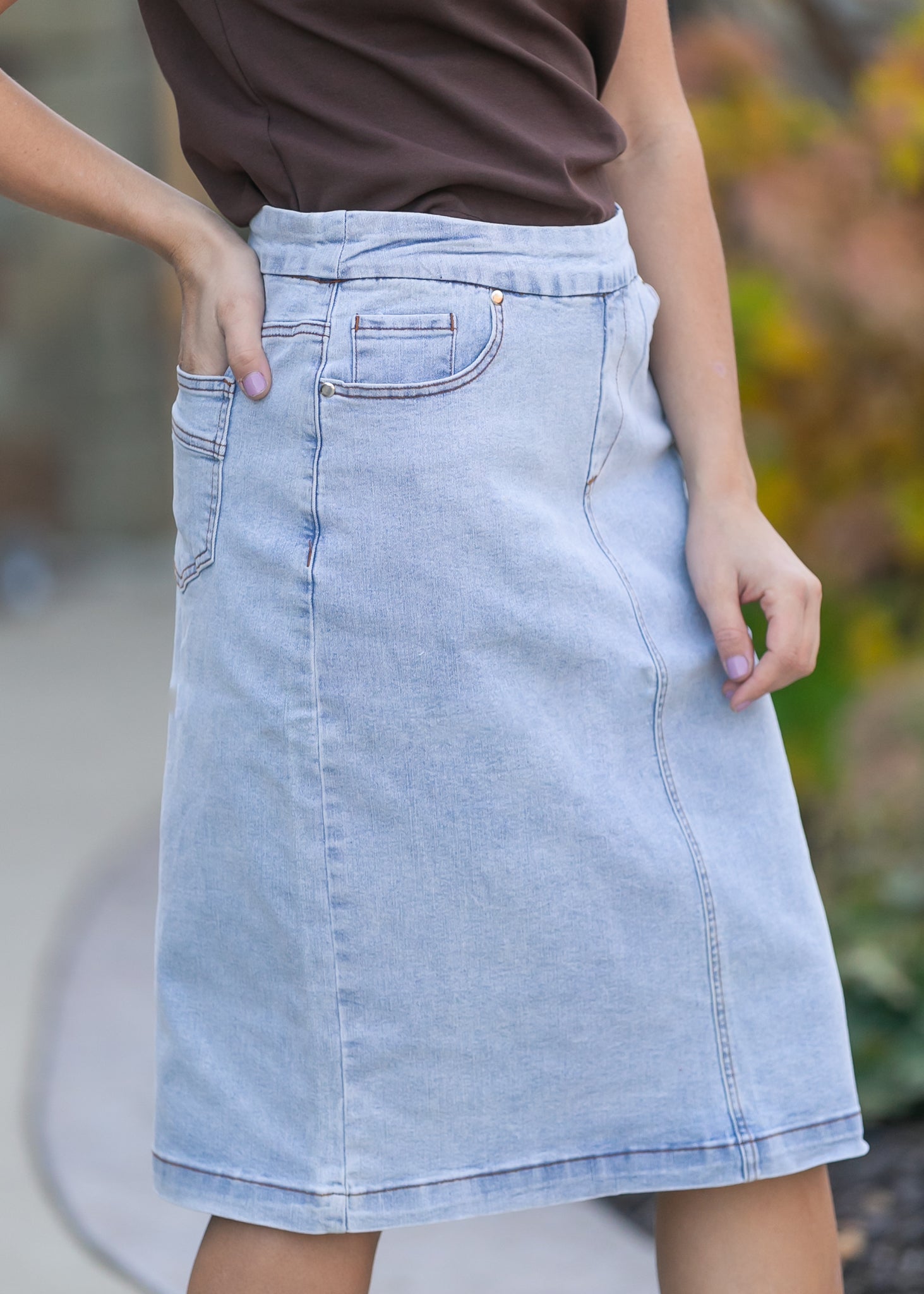 Sandra Light Wash Denim Midi Skirt Inherit Co.
