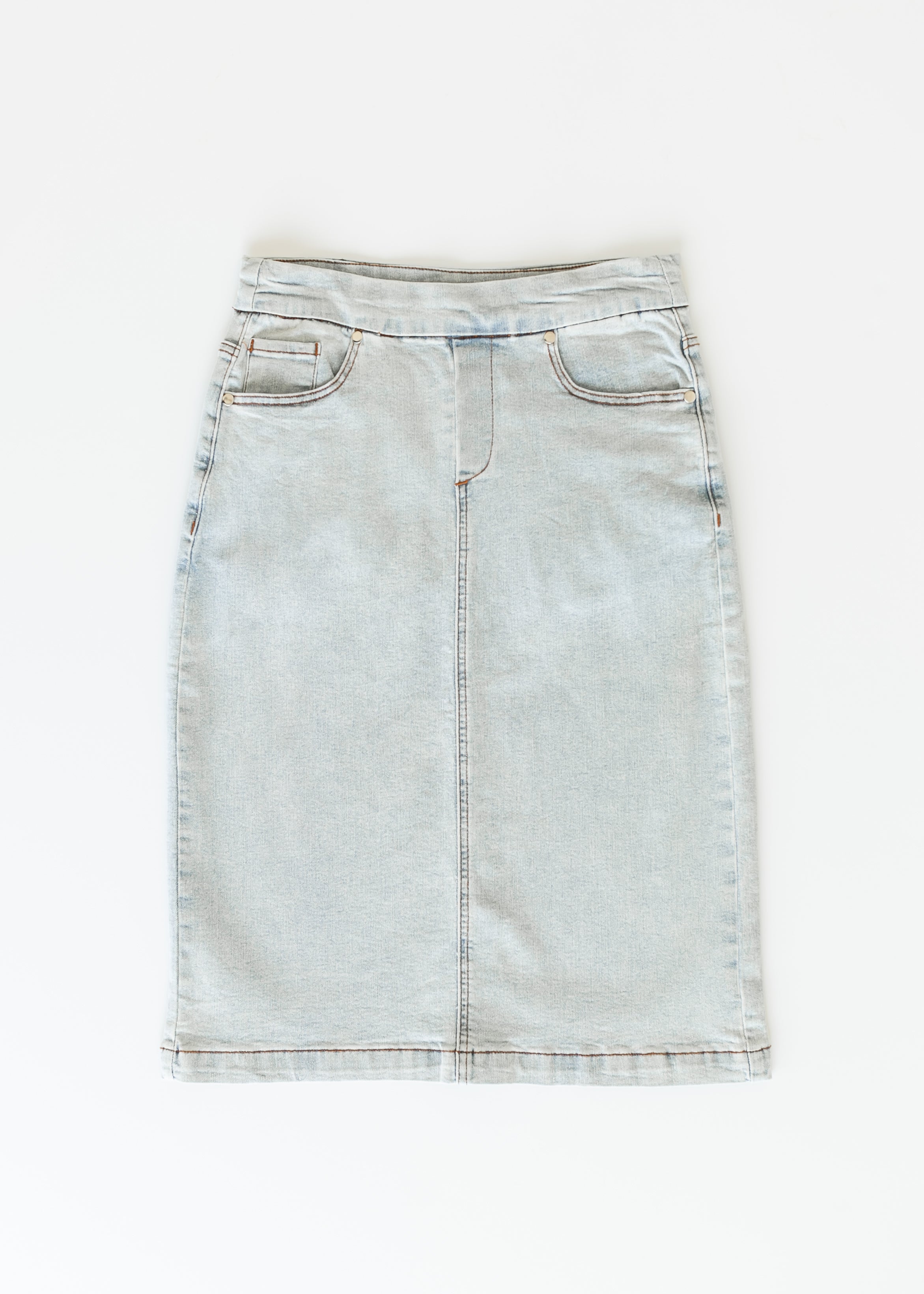 Sandra Light Wash Denim Midi Skirt Inherit Co.