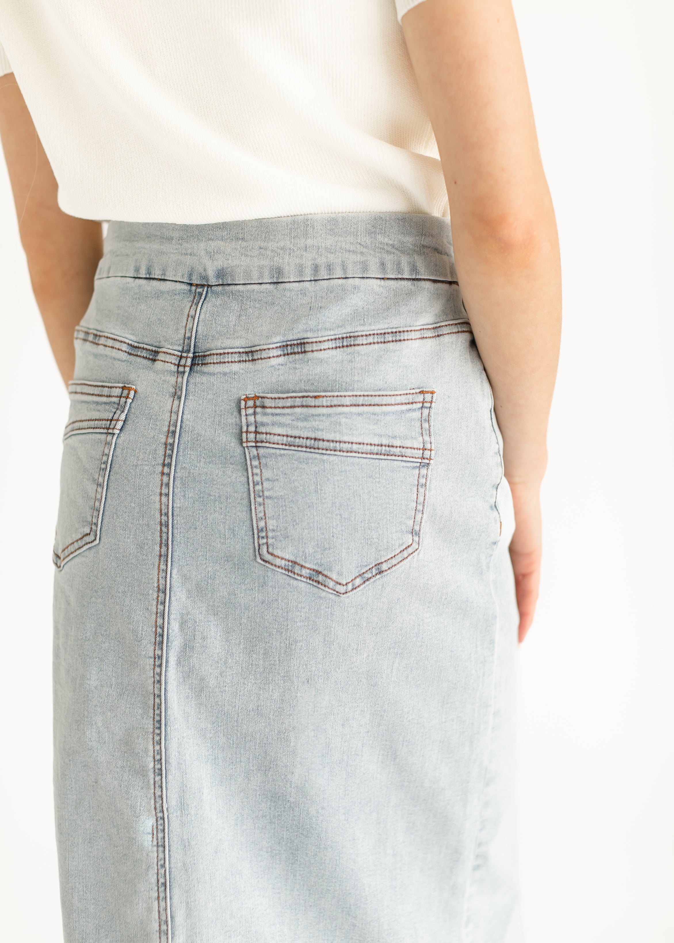 Sandra Light Wash Denim Midi Skirt Inherit Co.