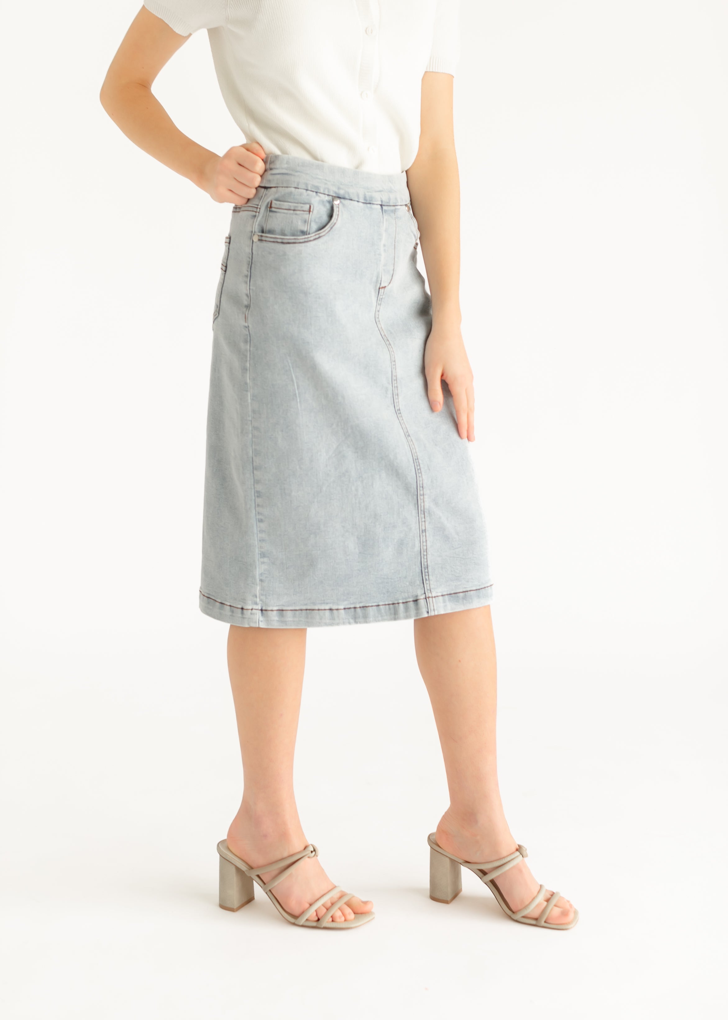Sandra Light Wash Denim Midi Skirt Inherit Co.