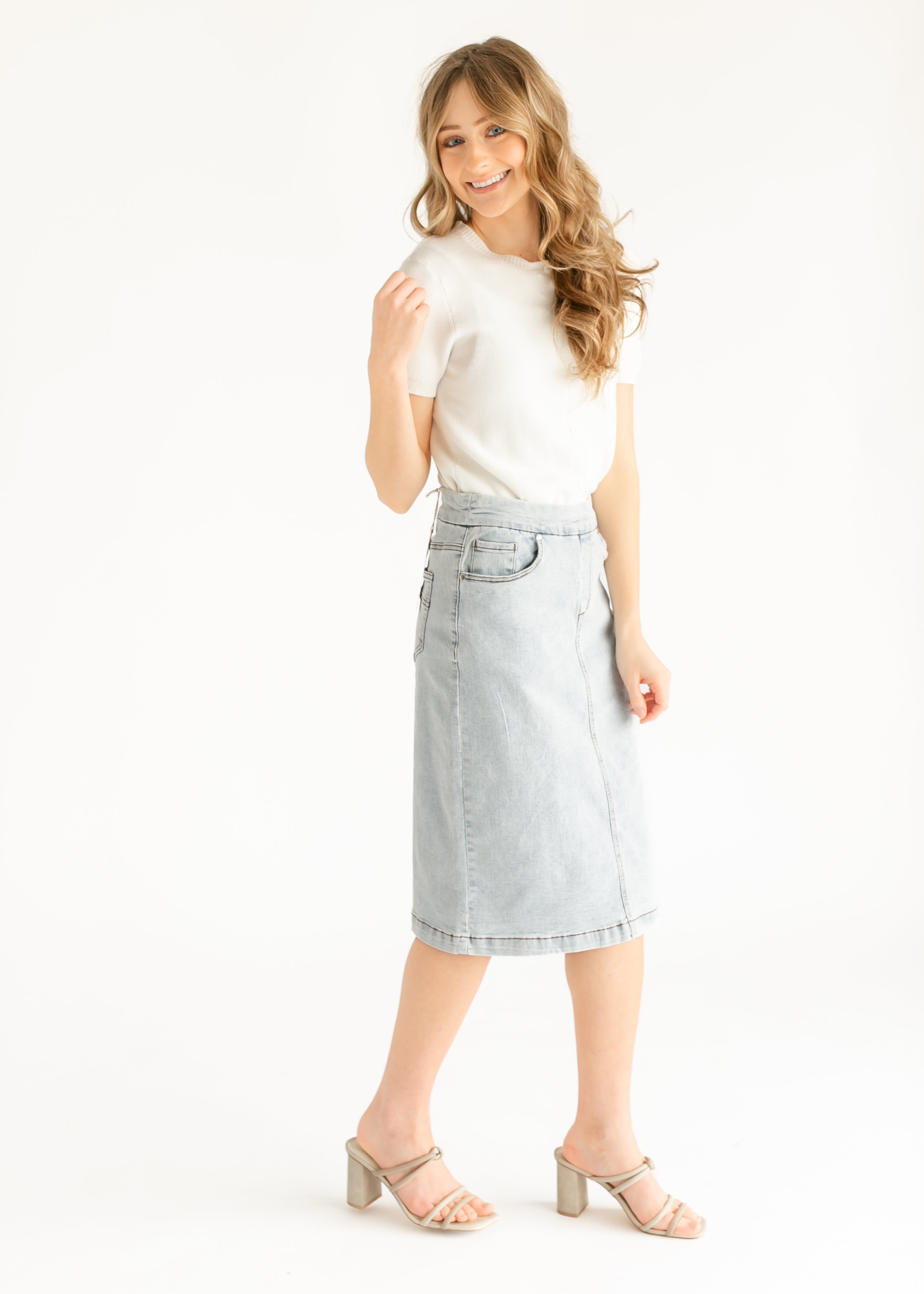 Sandra Light Wash Denim Midi Skirt Inherit Co.