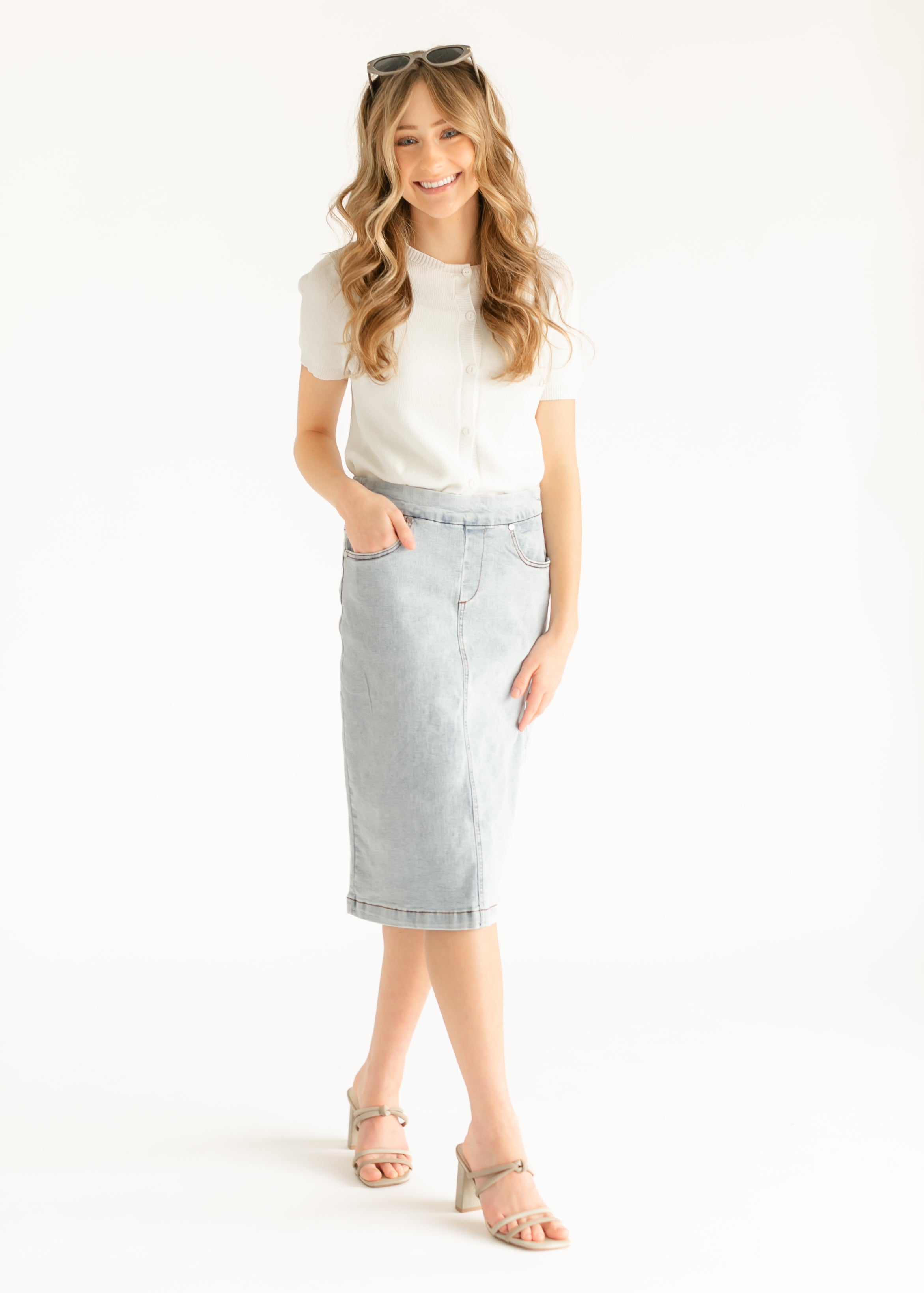 Sandra Light Wash Denim Midi Skirt Inherit Co.