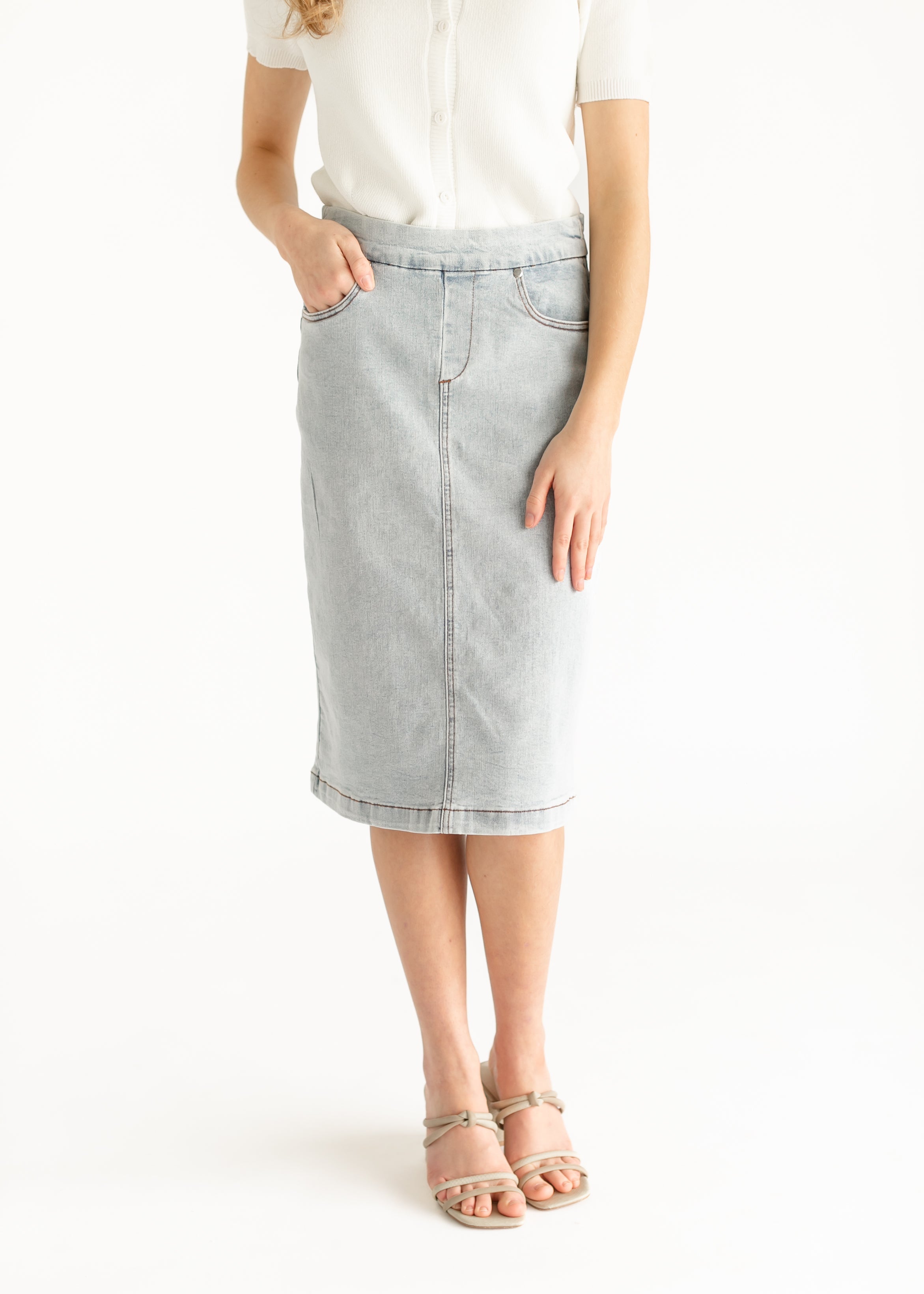 Sandra Light Wash Denim Midi Skirt Inherit Co.
