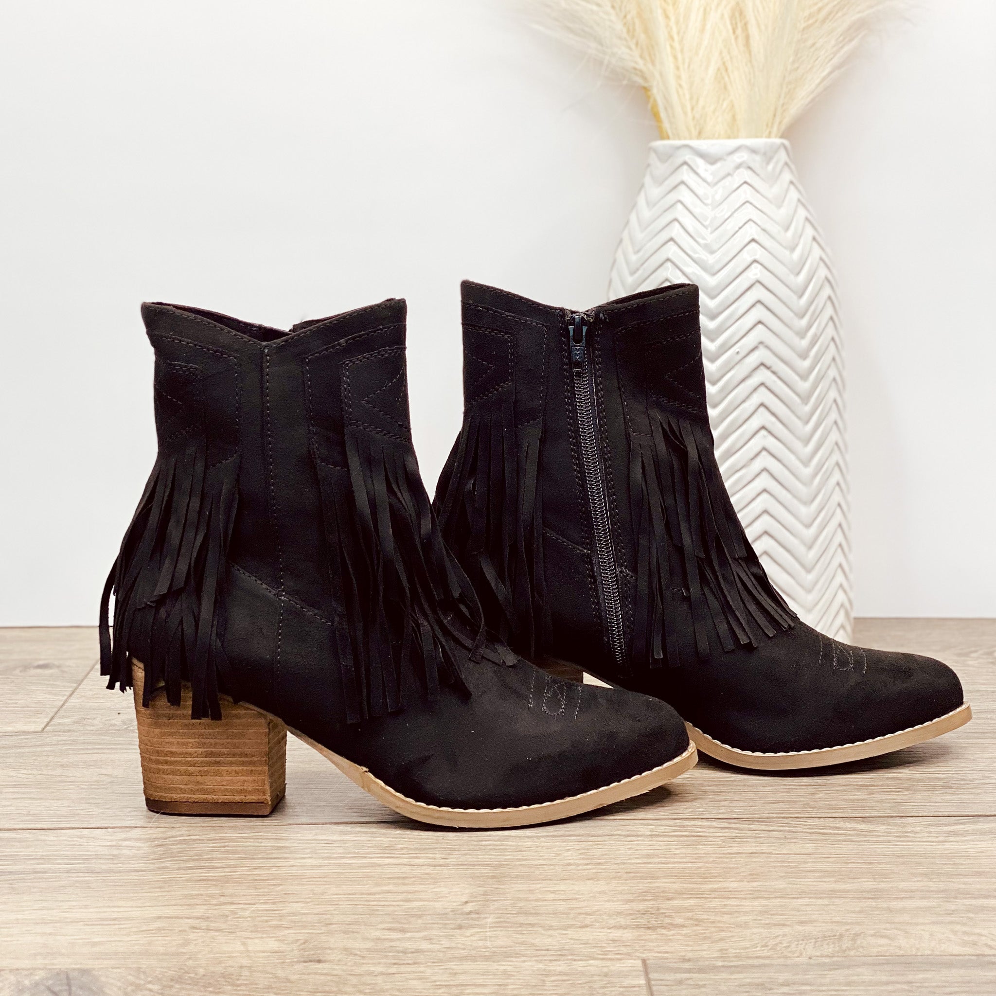 Sandra Fringe Booties Black With Cushioned Footbed Naughty Monkey