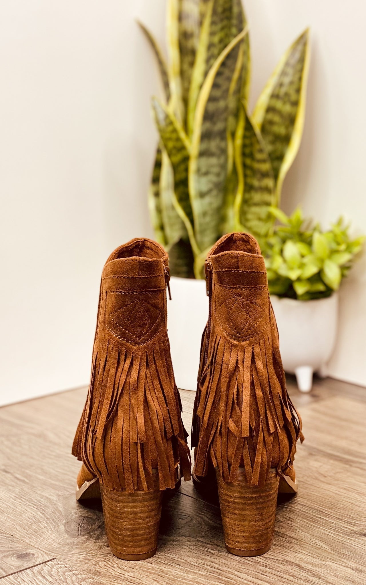 Sandra Fringe Tan Ankle Booties Cushioned Two Inch Heel Naughty Monkey