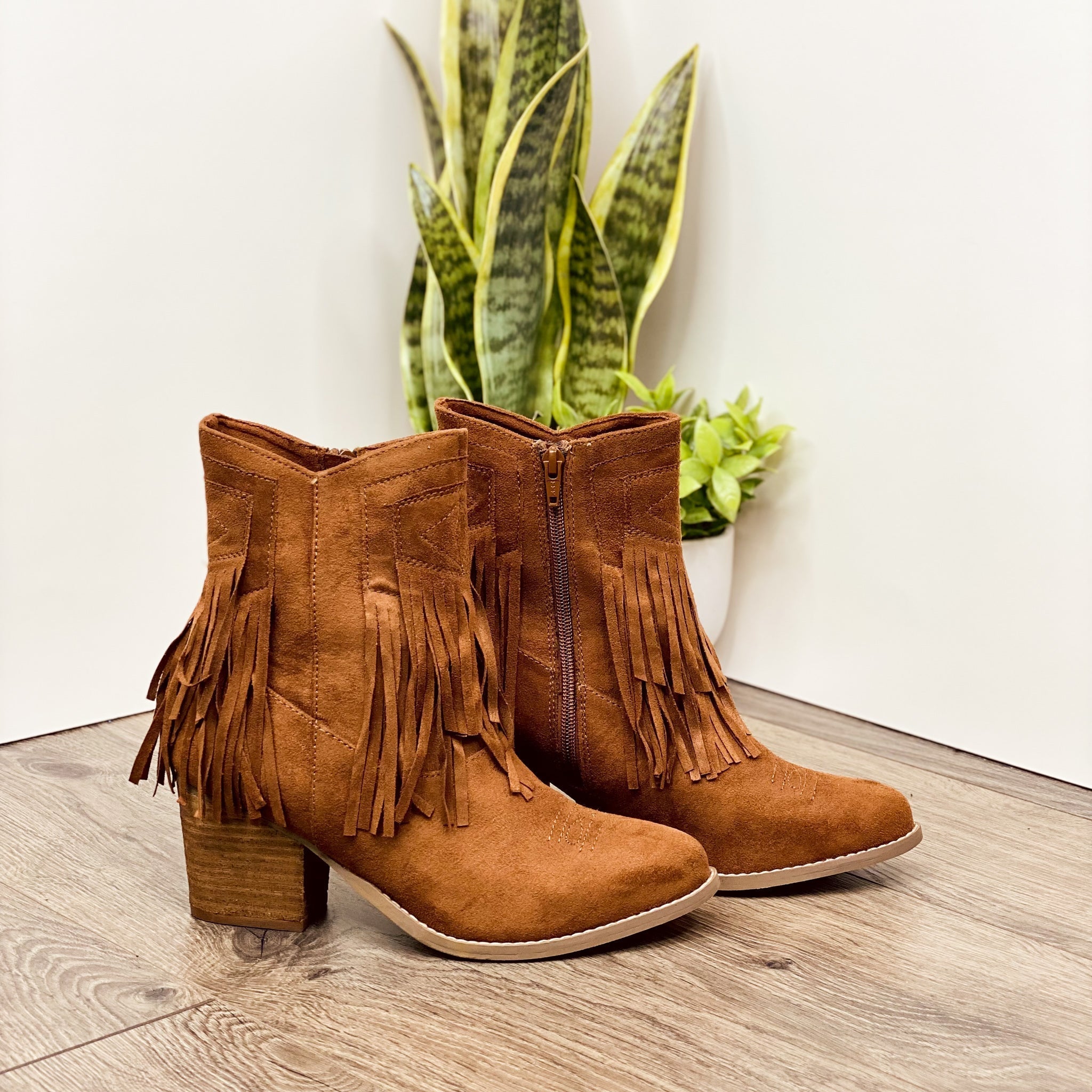 Sandra Fringe Tan Ankle Booties Cushioned Two Inch Heel Naughty Monkey