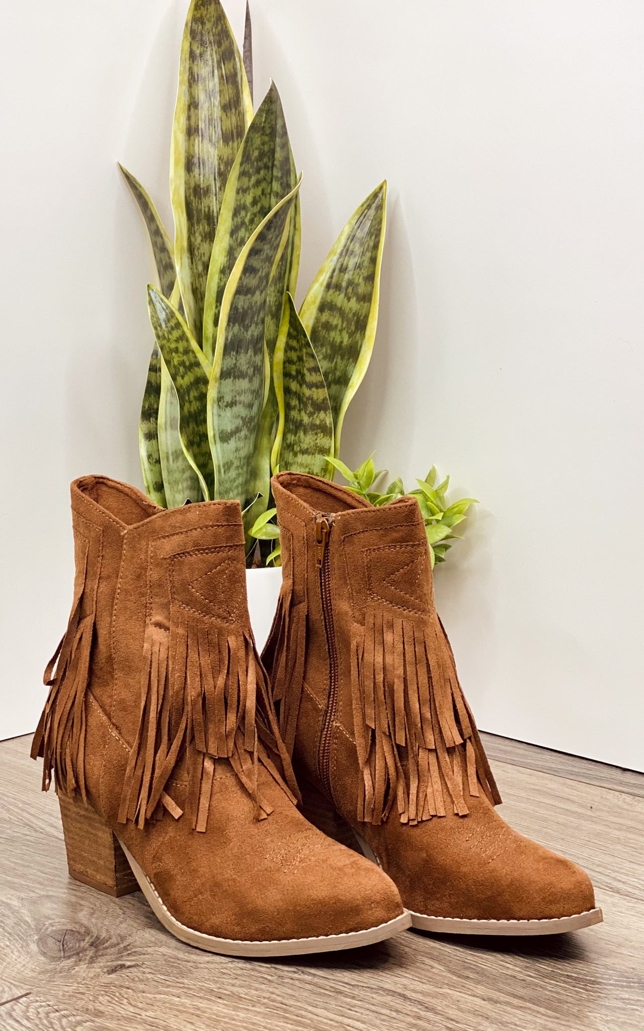 Sandra Fringe Tan Ankle Booties Cushioned Two Inch Heel Naughty Monkey