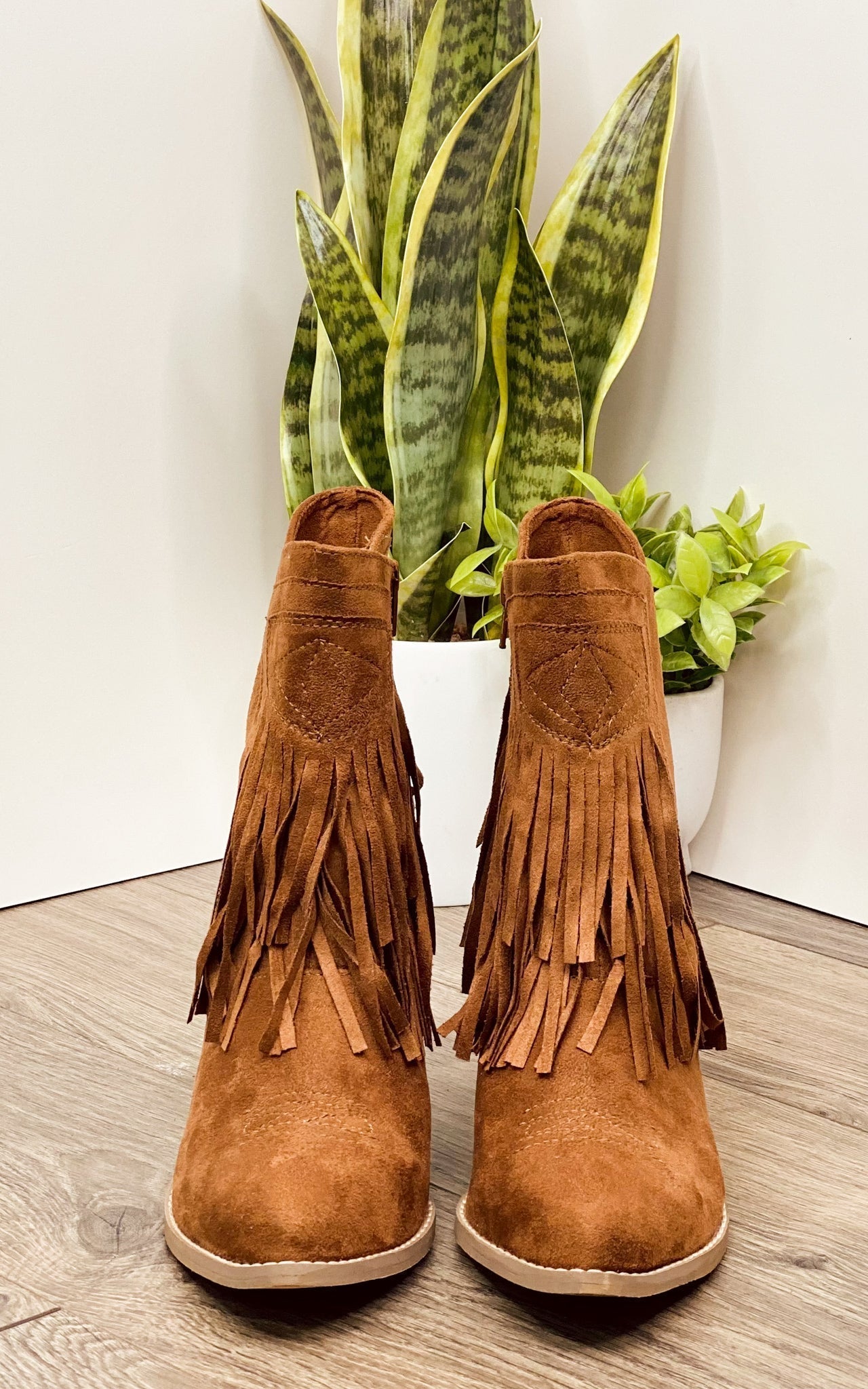 Sandra Fringe Tan Ankle Booties Cushioned Two Inch Heel Naughty Monkey