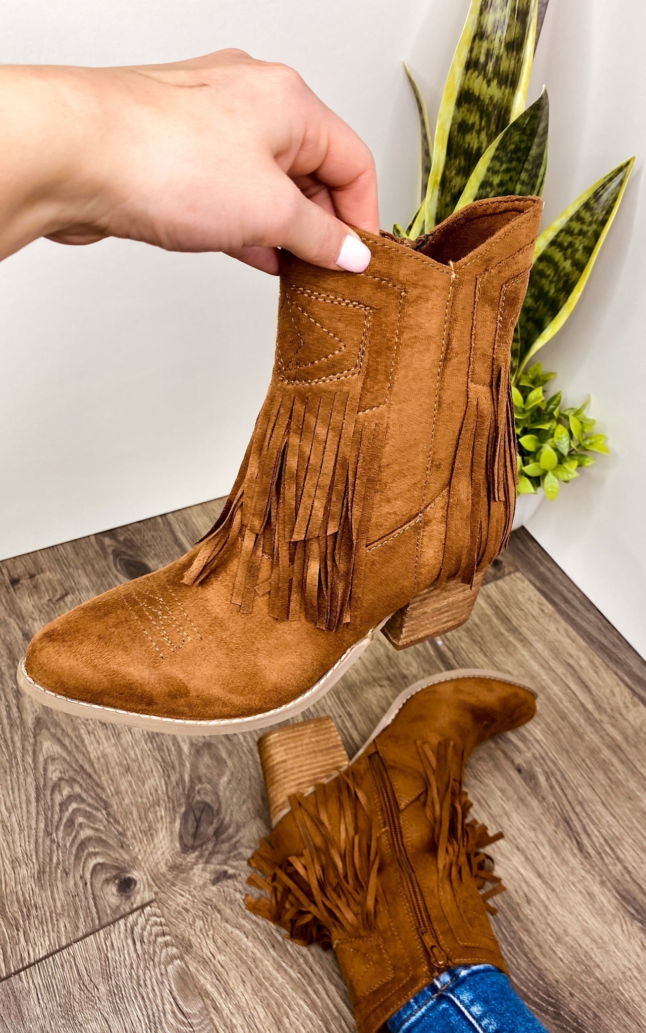Sandra Fringe Tan Ankle Booties Cushioned Two Inch Heel Naughty Monkey