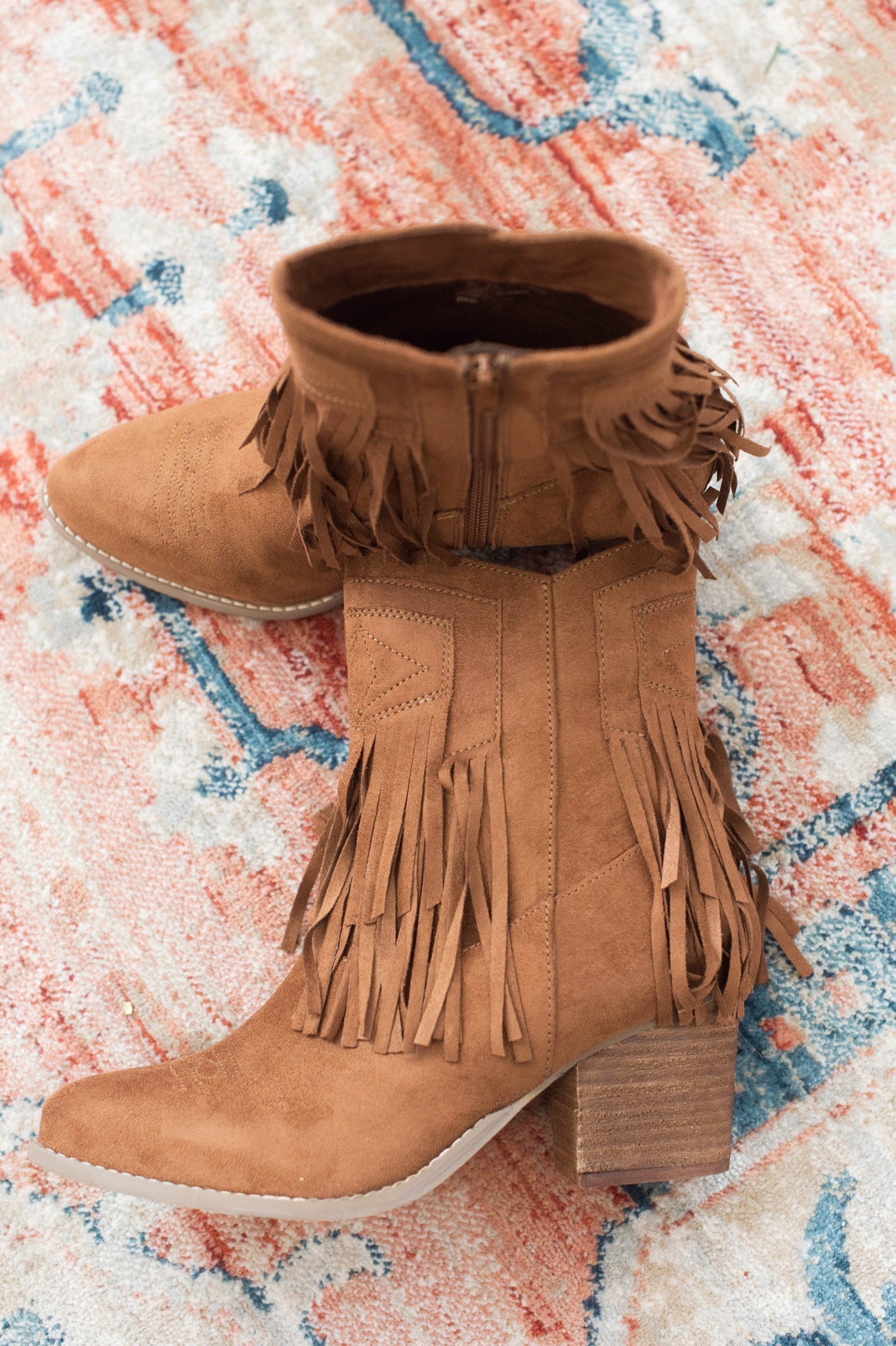 Sandra Fringe Tan Ankle Booties Cushioned Two Inch Heel Naughty Monkey