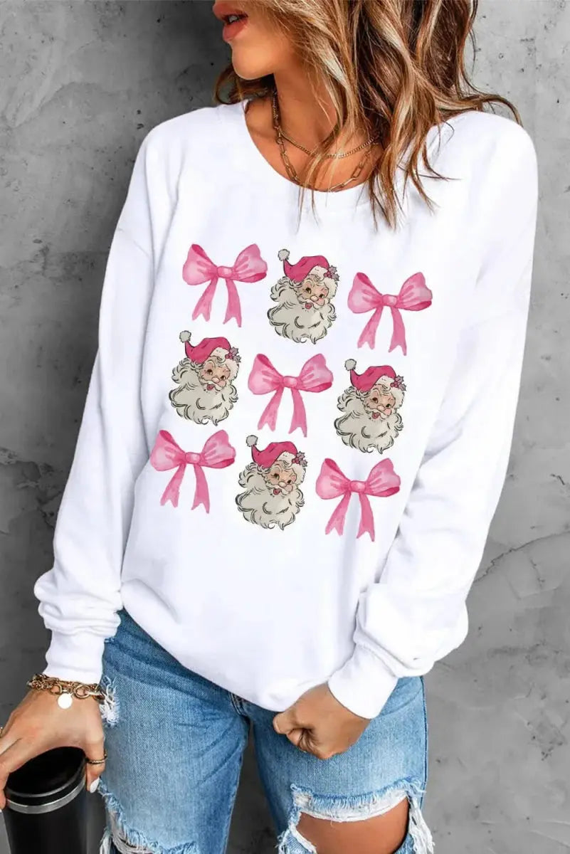 Santa & Bow Graphic Long Sleeve Sweatshirt - Love Salve 