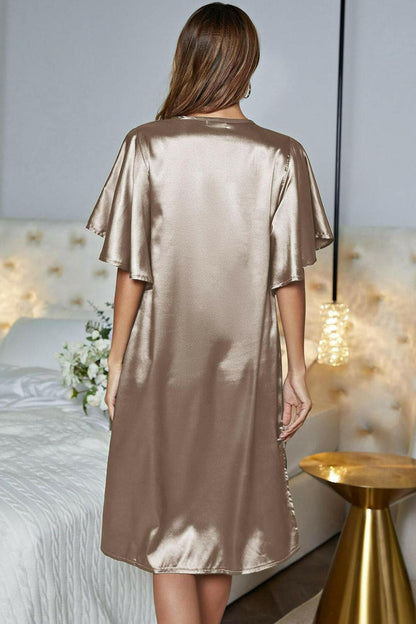 Elegant Satin V-Neck Night Dress with Flutter SleevesElegant Satin V-Neck Night Dress with Flutter Sleeves
 Indulge in pure luxury with our Elegant Satin V-Neck Night Dress, designed to elevate your nighttime routine wLove Salve -Neck Night Dressswimwear