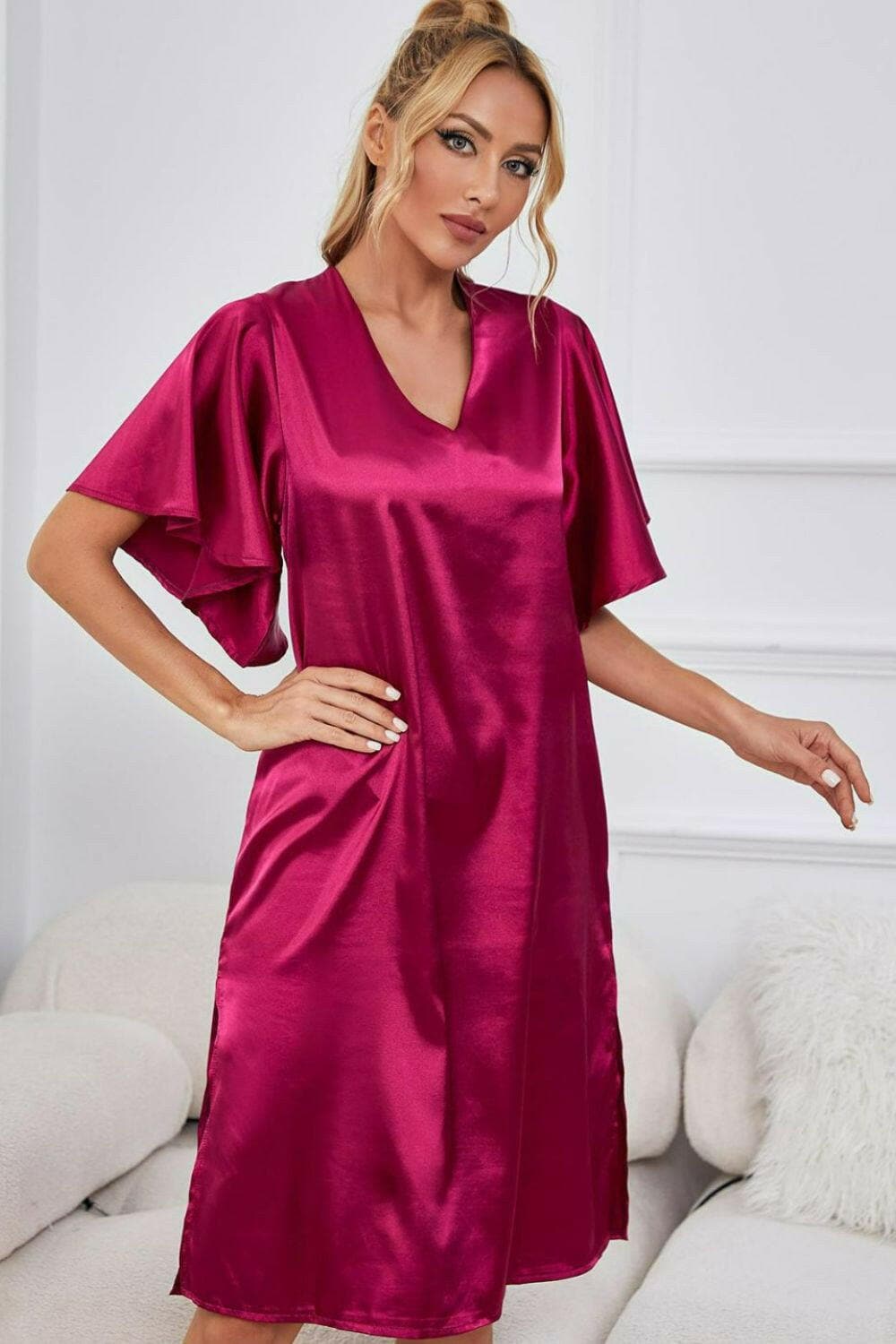 Elegant Satin V-Neck Night Dress with Flutter SleevesElegant Satin V-Neck Night Dress with Flutter Sleeves
 Indulge in pure luxury with our Elegant Satin V-Neck Night Dress, designed to elevate your nighttime routine wLove Salve -Neck Night Dressswimwear