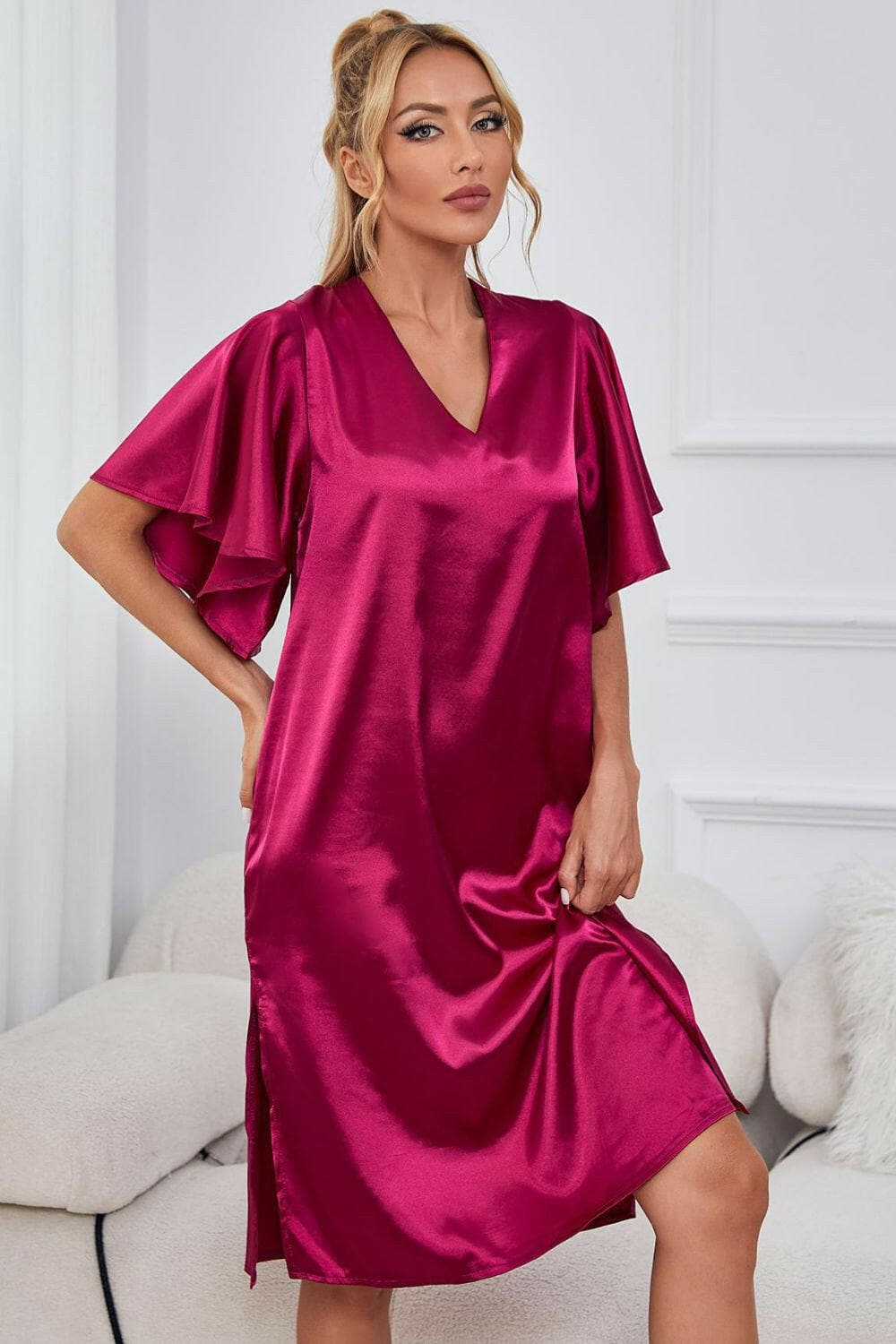 Elegant Satin V-Neck Night Dress with Flutter SleevesElegant Satin V-Neck Night Dress with Flutter Sleeves
 Indulge in pure luxury with our Elegant Satin V-Neck Night Dress, designed to elevate your nighttime routine wLove Salve -Neck Night Dressswimwear