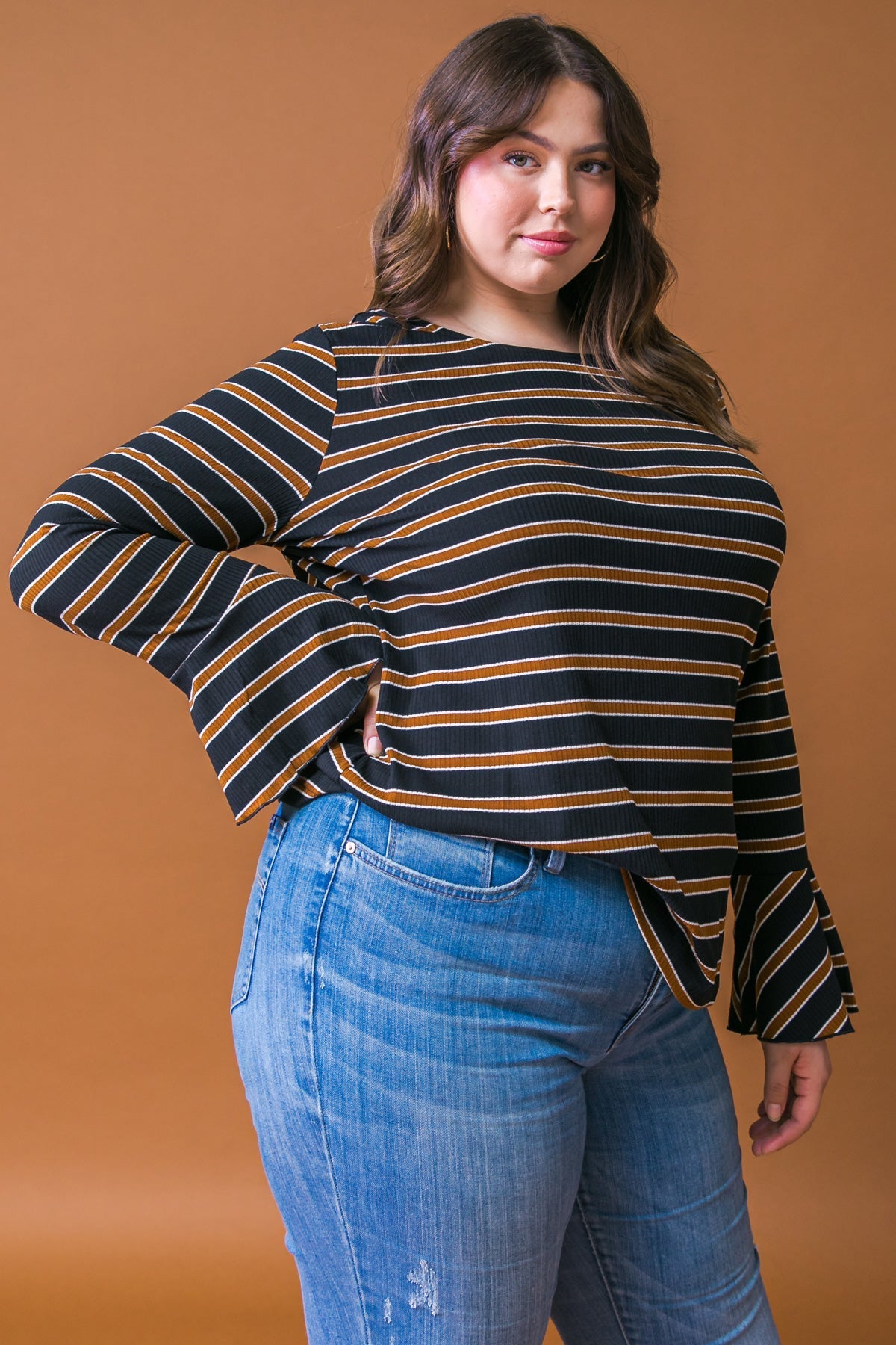 Here We Go Striped Ruffle Sleeve Top For Women Casual Everyday Wear Flying Tomato