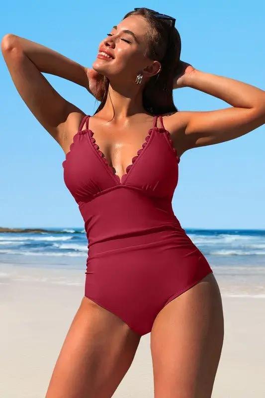 Scalloped V Neck Cut Out Monokini Swimwear for Women - Love Salve 