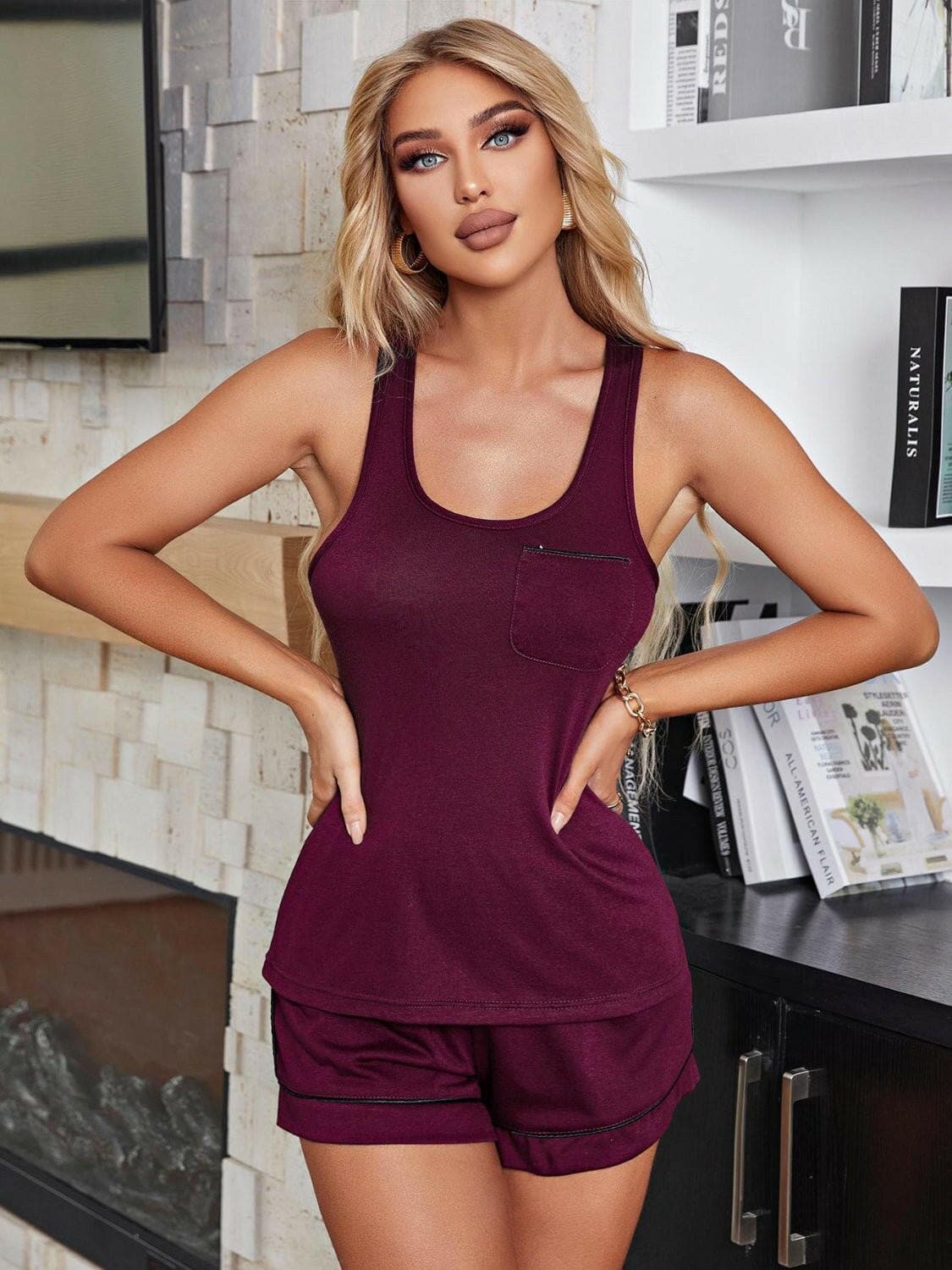 Scoop Neck Wide Strap Tank and Shorts Lounge Set - Love Salve