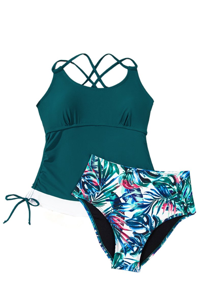 Sea Green Floral Print Drawstring Tankini Set with Tummy Control - Love Salve 