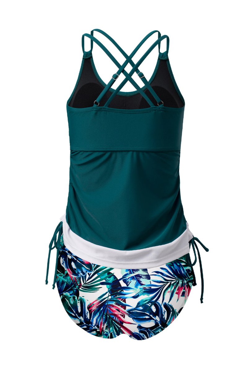 Sea Green Floral Print Drawstring Tankini Set with Tummy Control - Love Salve 