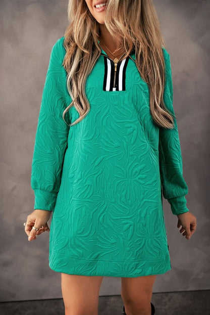 Sea Green Jacquard Textured Quarter Zipper Shift Mini Dress - Love Salve 