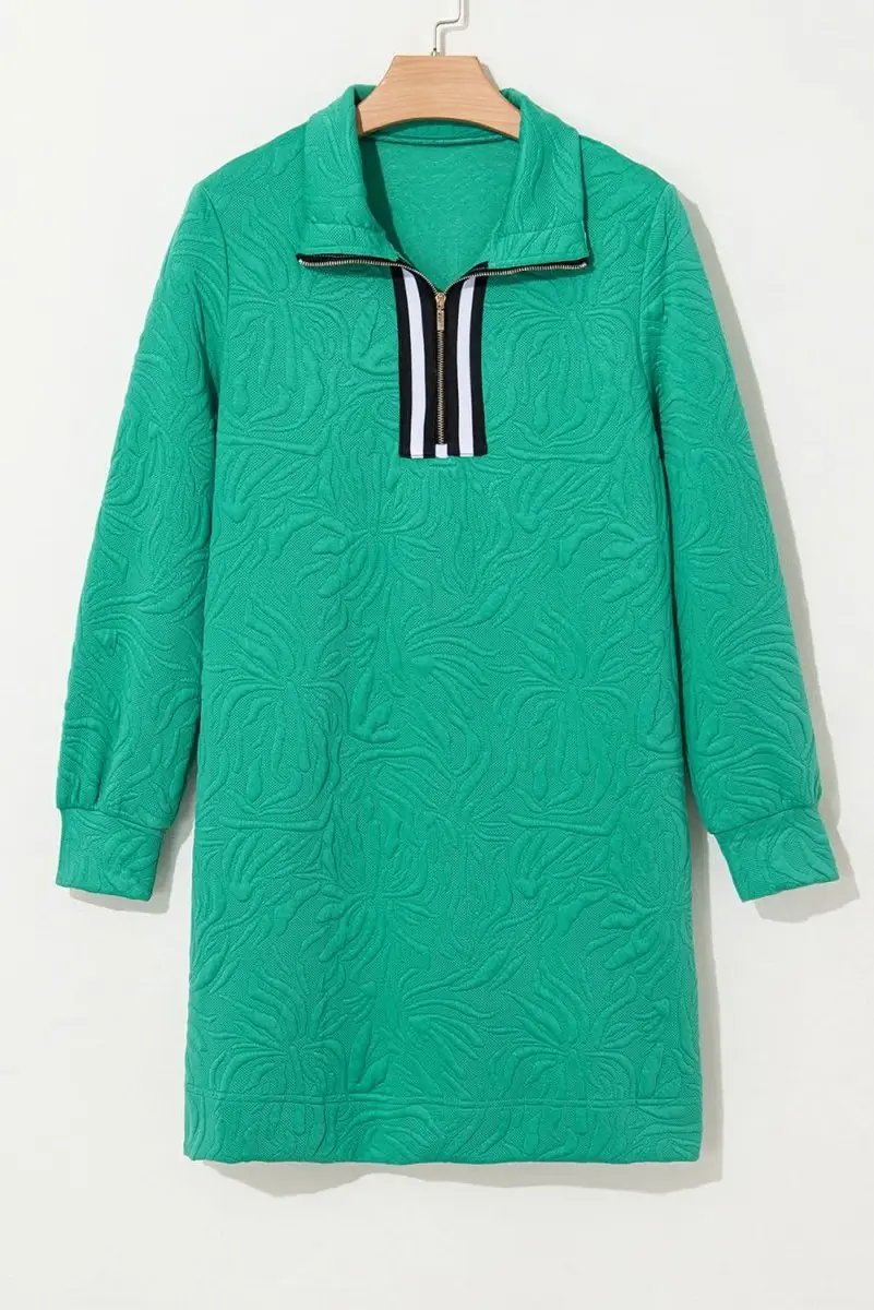 Sea Green Jacquard Textured Quarter Zipper Shift Mini Dress - Love Salve 