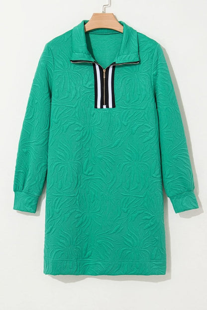 Sea Green Jacquard Textured Quarter Zipper Shift Mini Dress - Love Salve 