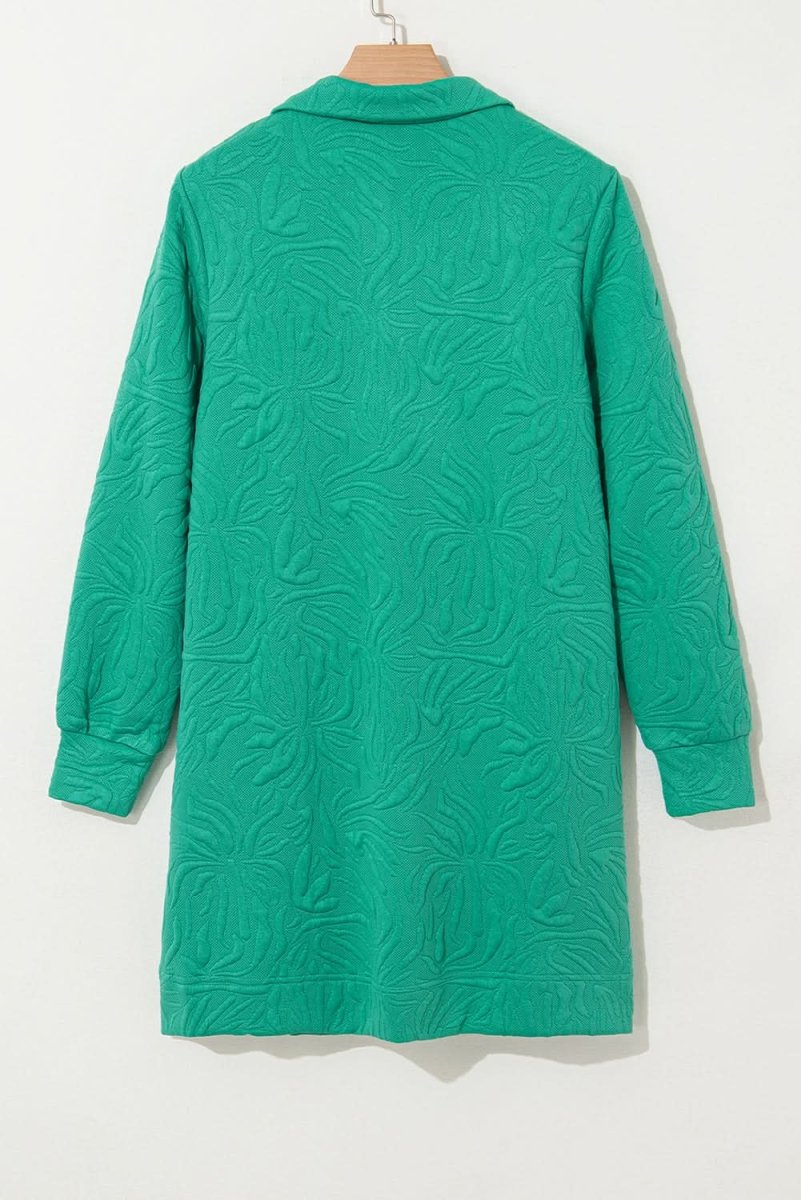 Sea Green Jacquard Textured Quarter Zipper Shift Mini Dress - Love Salve 