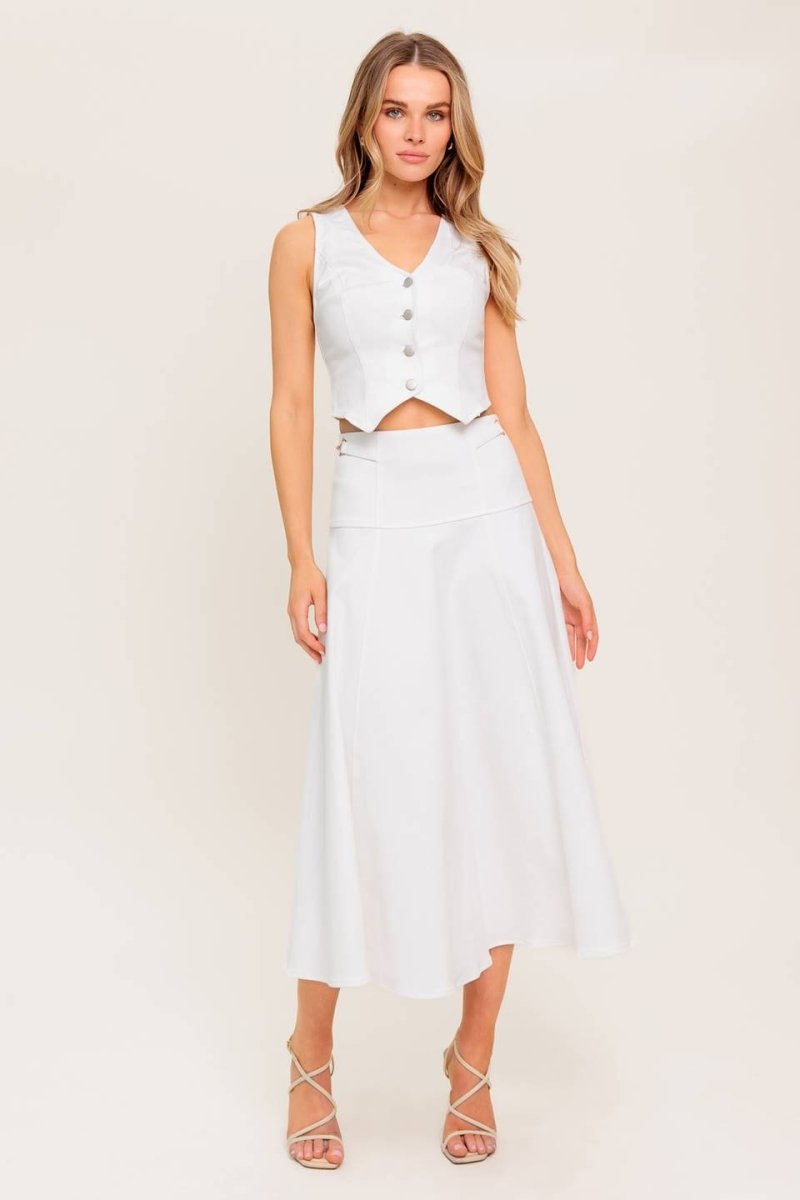 SECRET CHARM WHITE DENIM WOVEN MIDI SKIRT - Love Salve