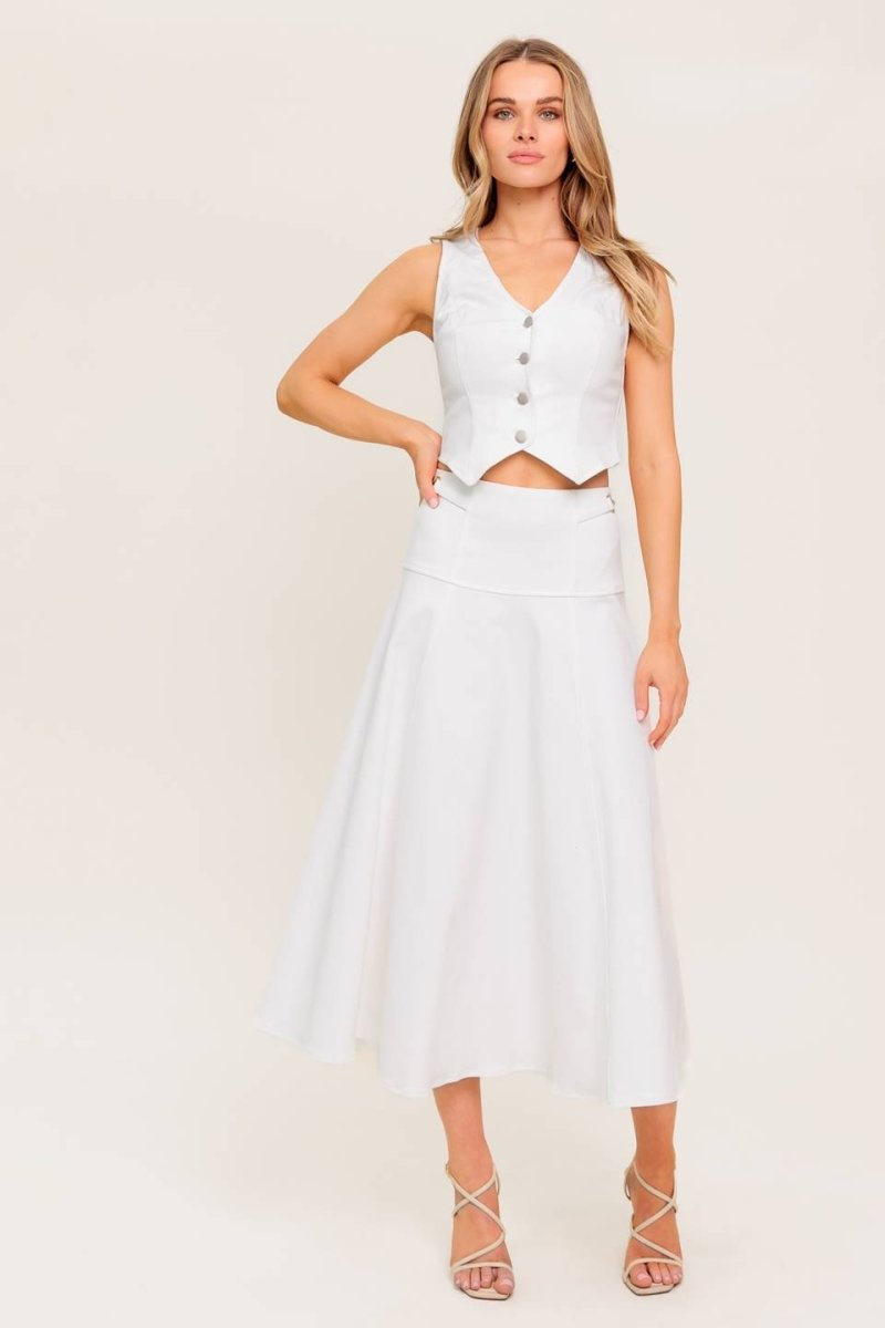 SECRET CHARM WHITE DENIM WOVEN MIDI SKIRT - Love Salve