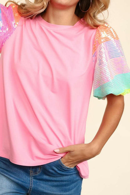 Sequin Round Neck Short Sleeve Blouse - Love Salve