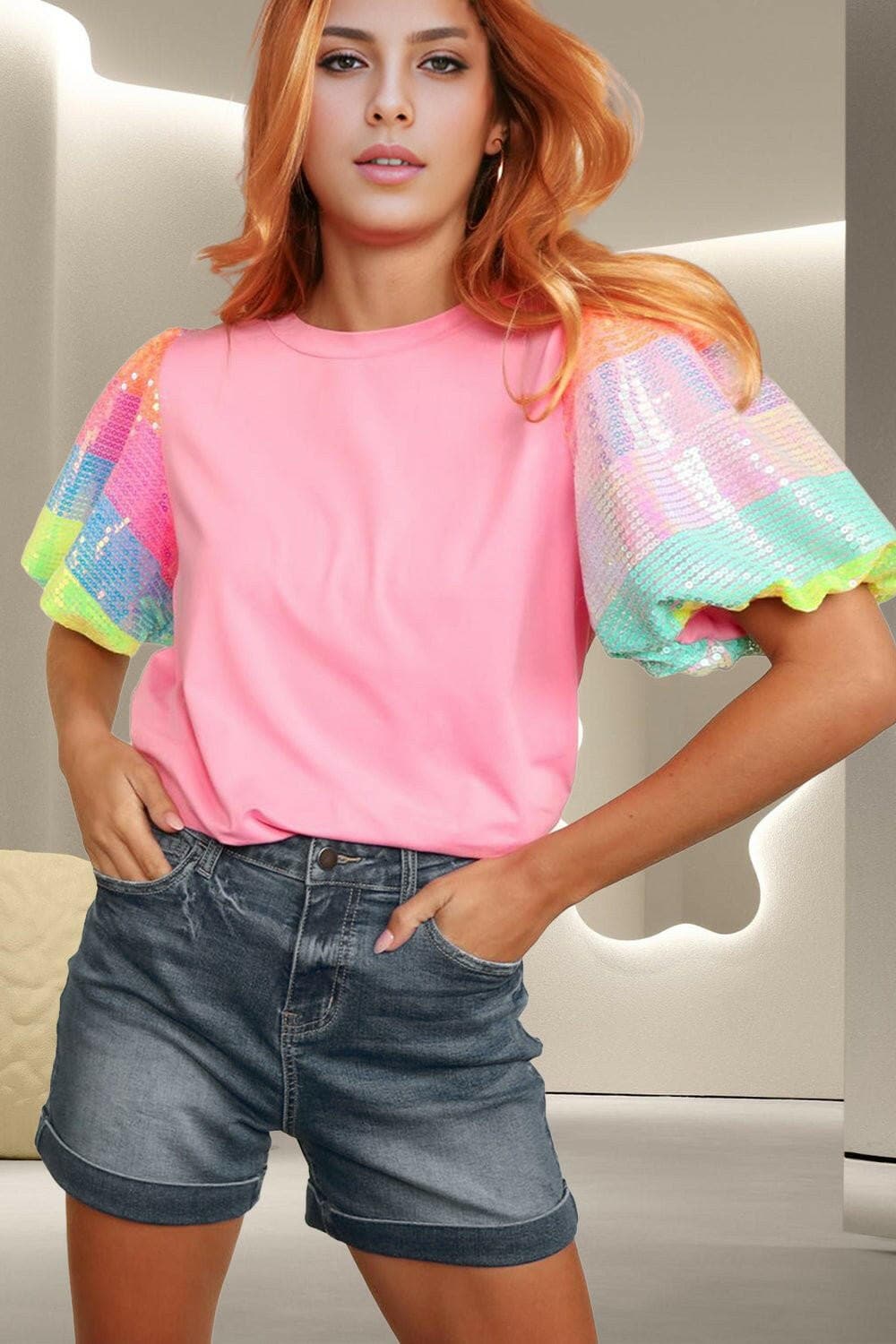 Sequin round neck short sleeve blouse with colorful sleeves.